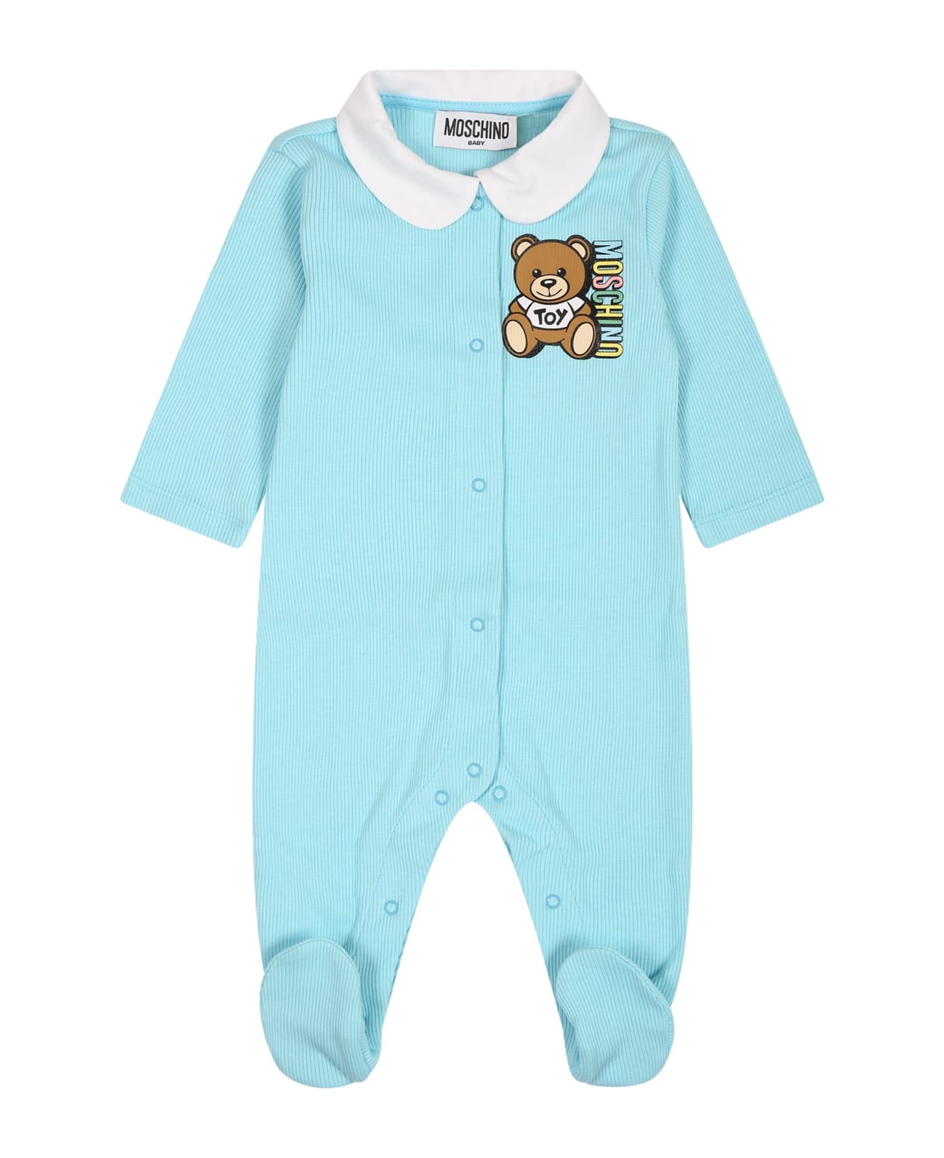 Moschino Light Blue Babygrow For Baby Boy With Teddy Bear And Logo - Light Blue
