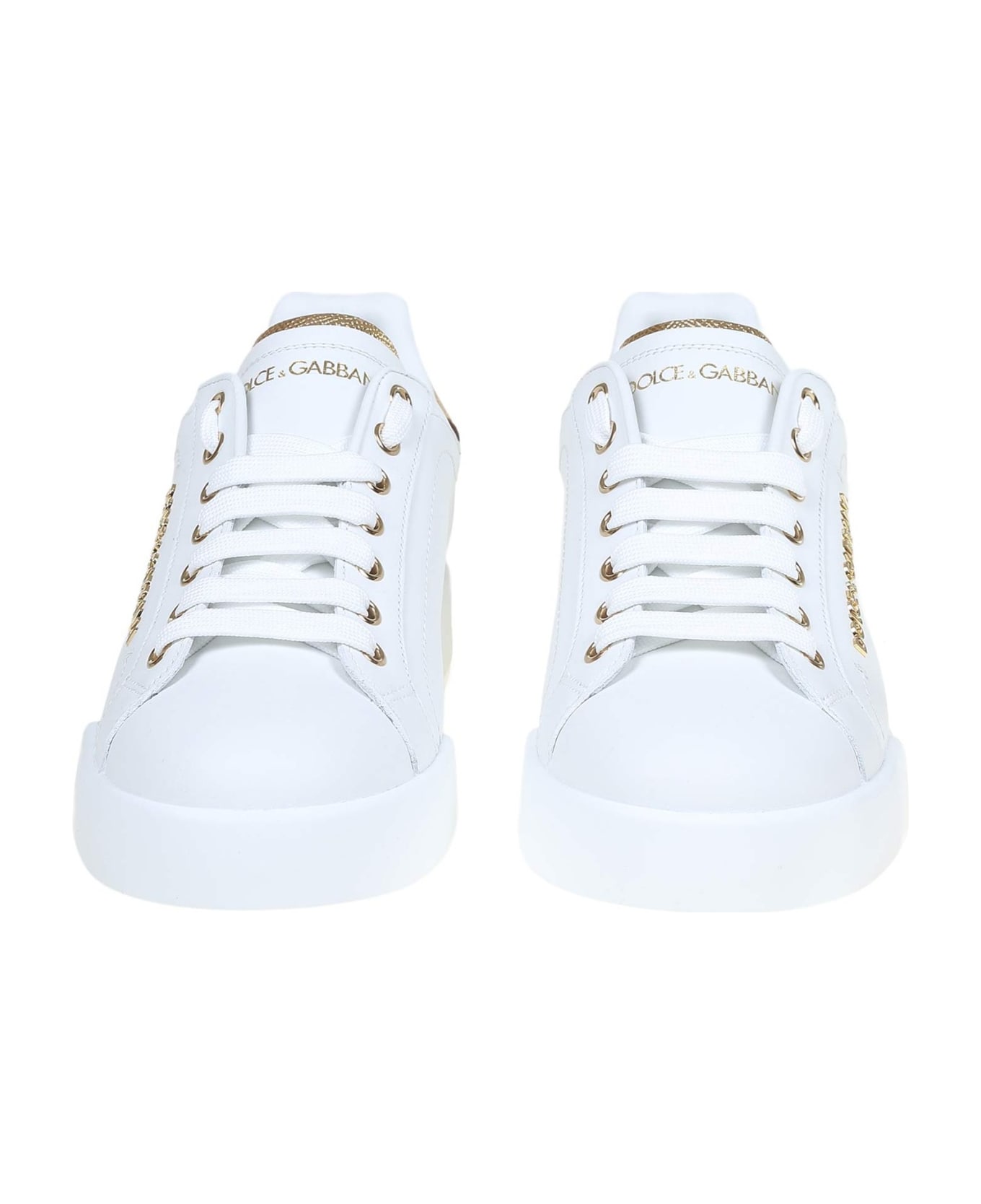 Dolce & Gabbana Portofino Sneakers In White Leather With Logo Pearl - White / Gold