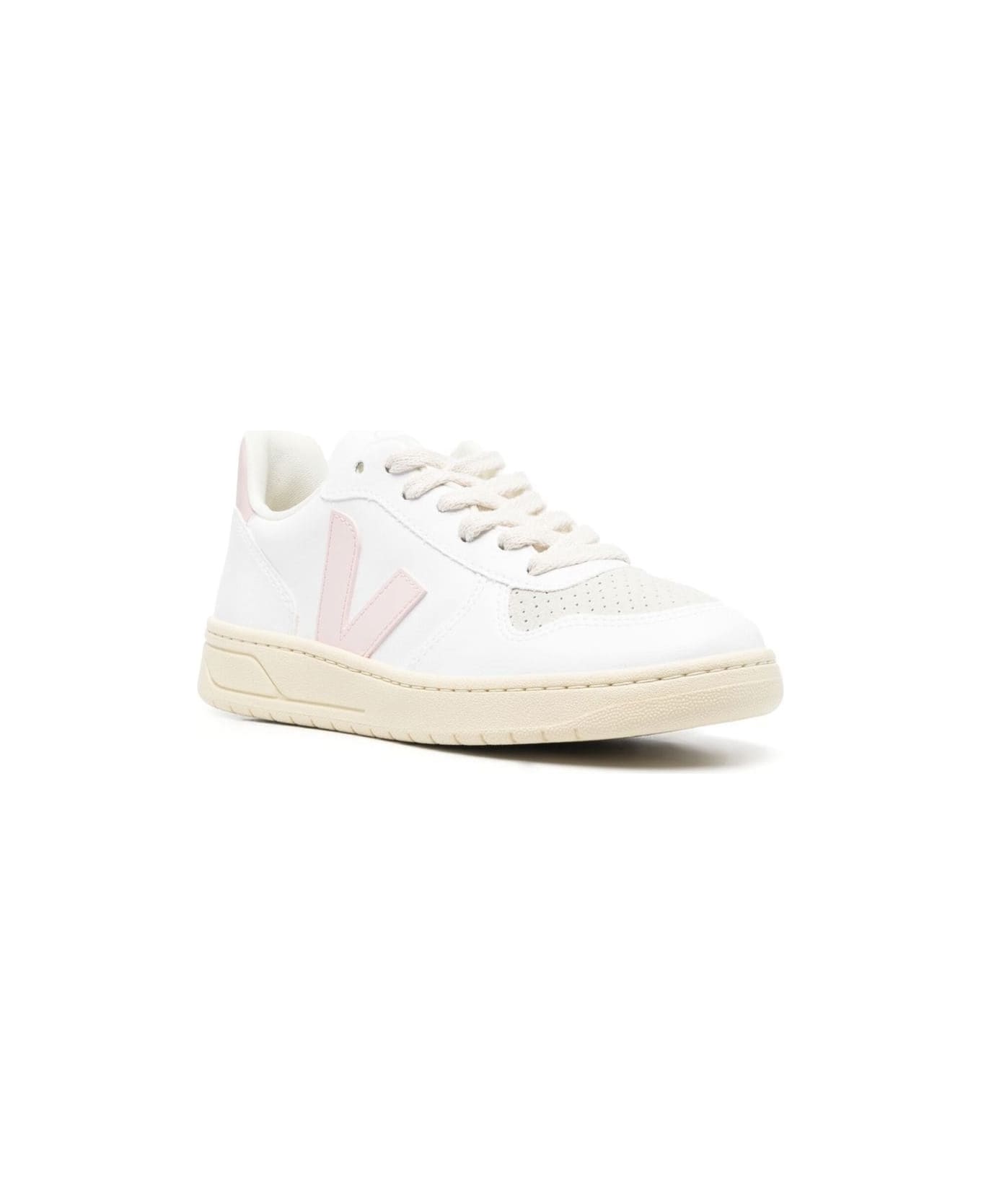 Veja Sneakers V-10 With Logo In White And Pink Leather Woman - White スニーカー