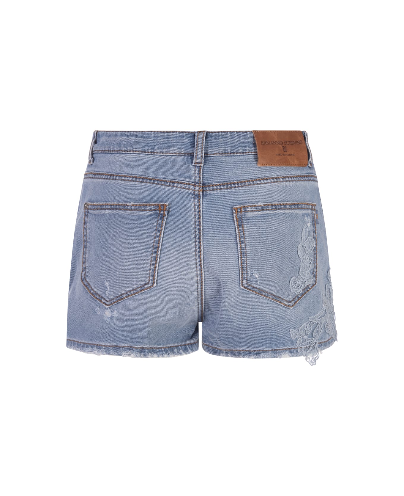 Ermanno Scervino Blue Denim Shorts With Lace - Blue ショートパンツ