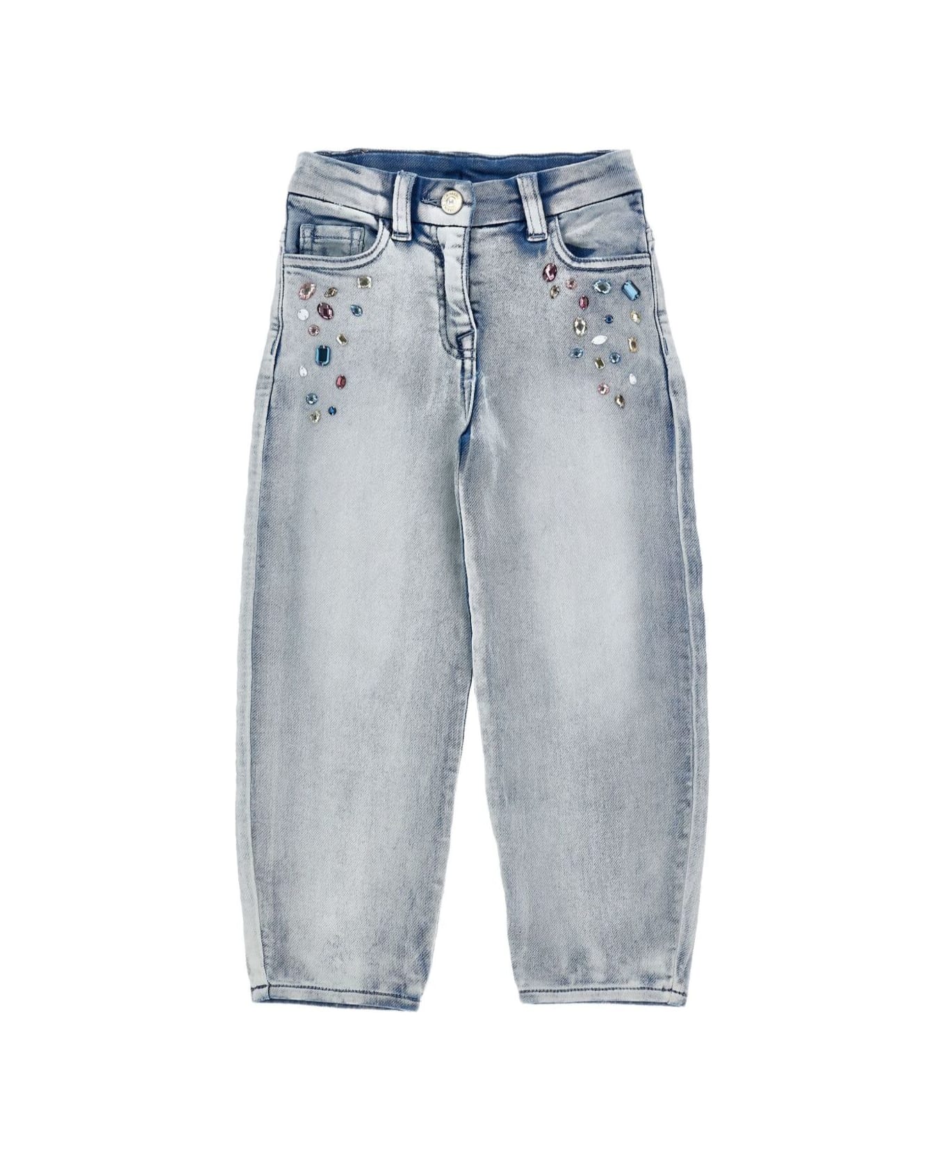Monnalisa Grey Jeans With Crystal Appliques And Logo Patch On The Back In Cotton Baby - Grey