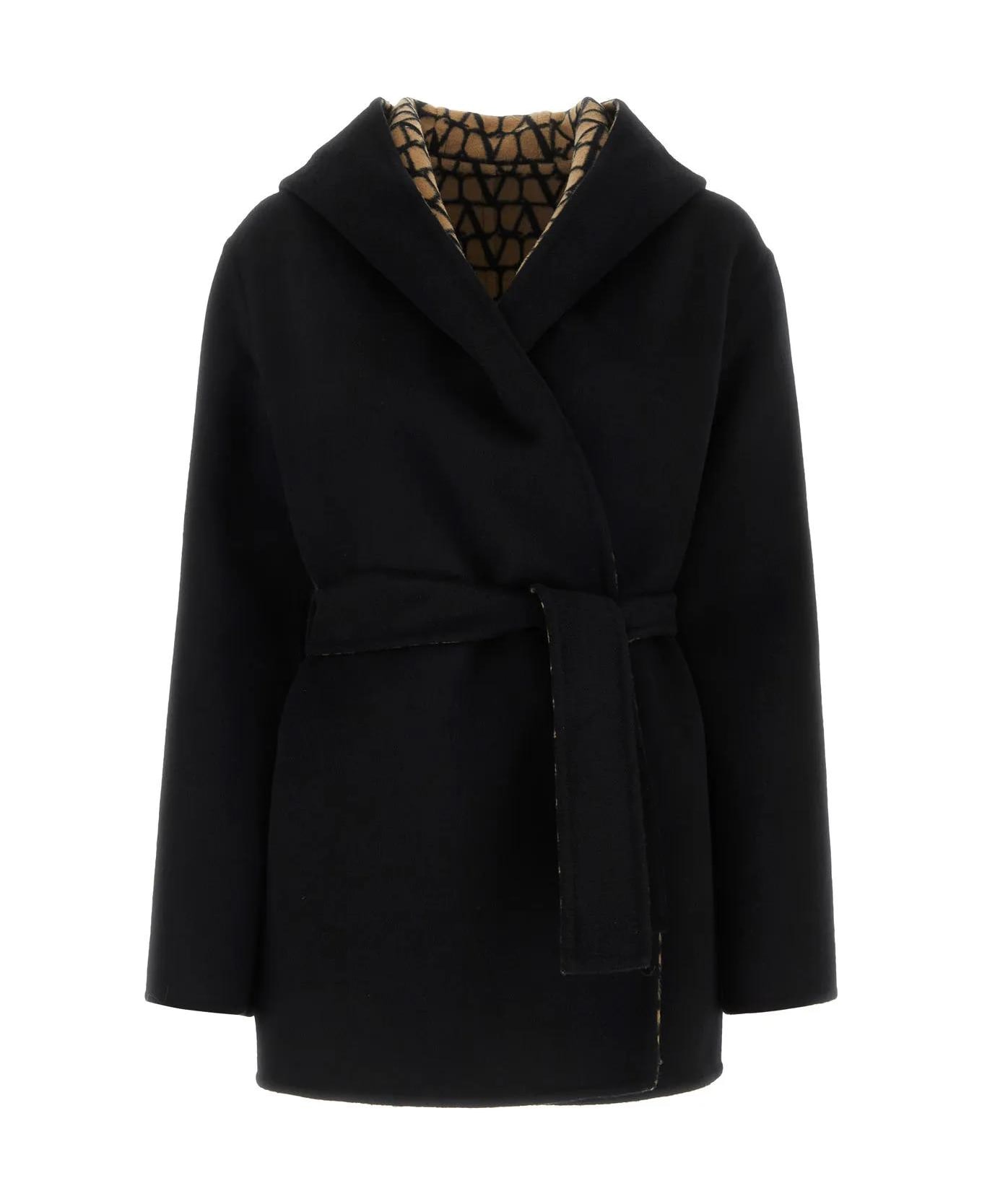 valentino high-waisted Black Wool Blend Coat - BLACK/CAMEL