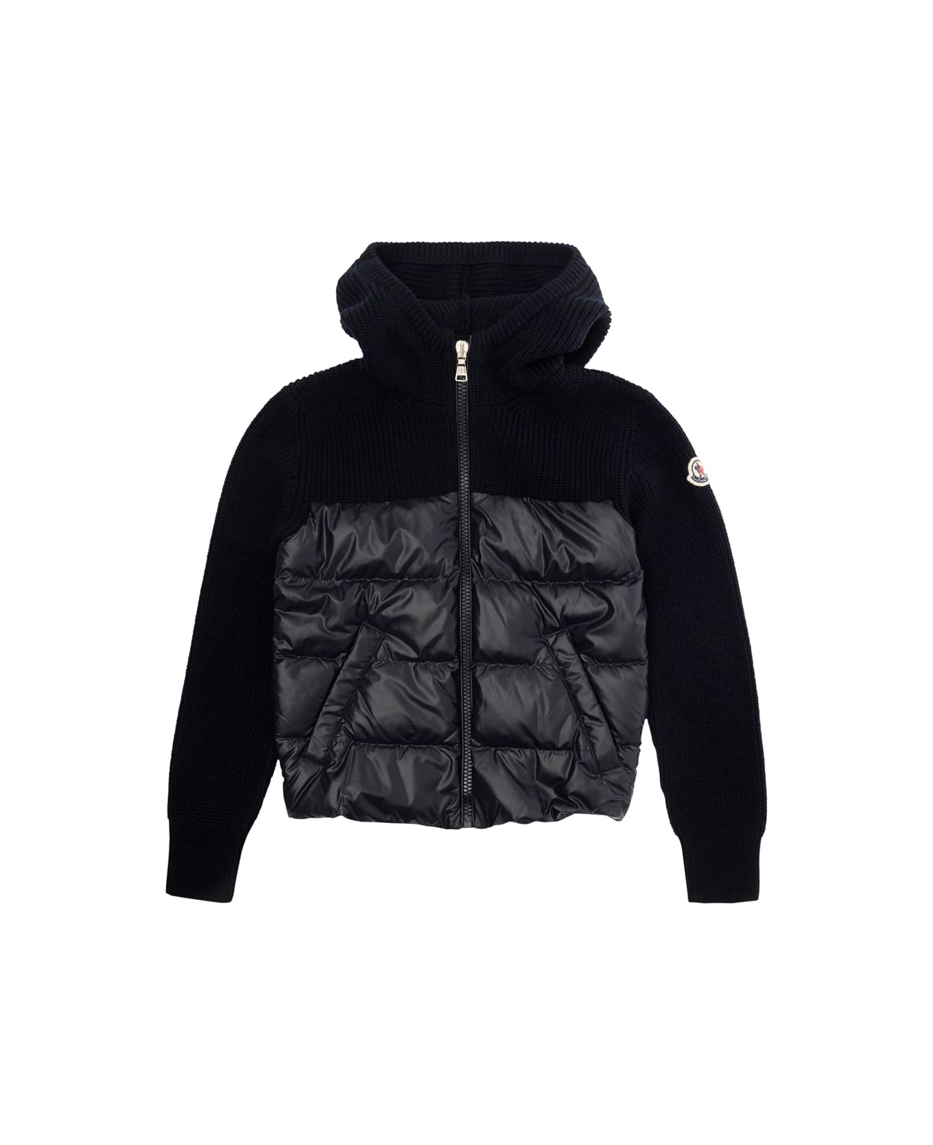 Moncler Black Hooded Cardigan With Logo Patch In Wool And Tech Fabric Boy