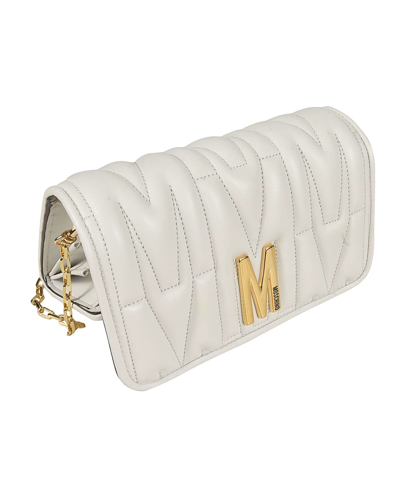 Moschino M Plaque Quilted Flap Chain Shoulder Bag - Grey