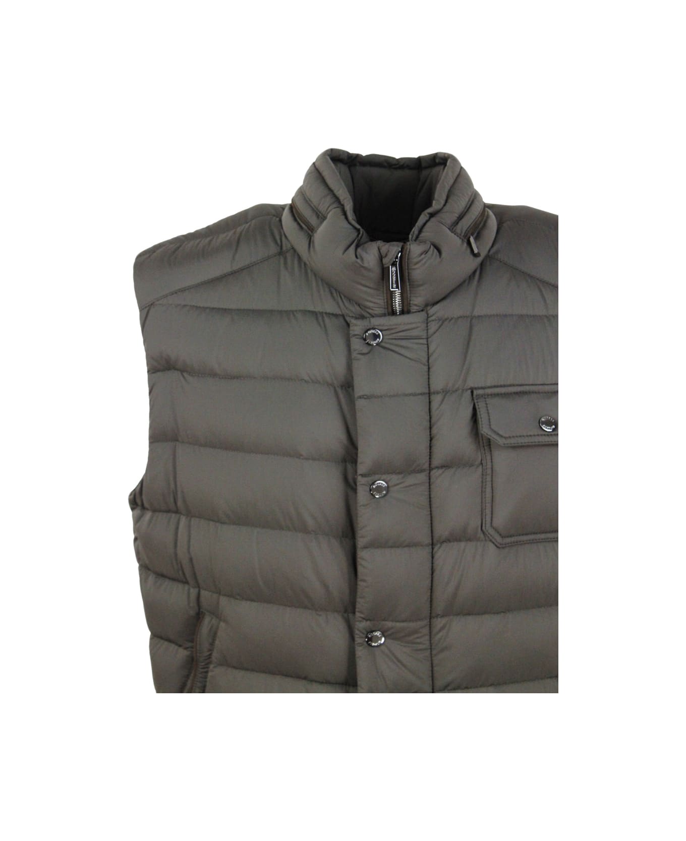Moorer Sleeveless Vest Padded With Real Goose Down With Concealed Hood And Front Zip And Button Closure - Military