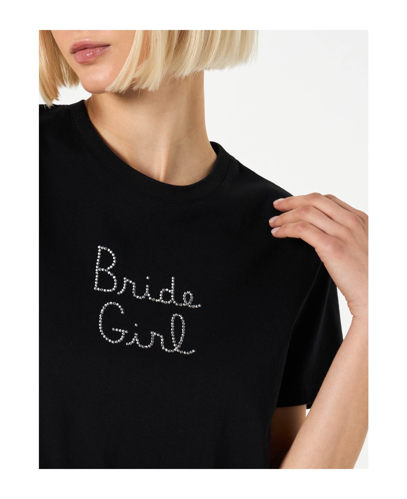 MC2 Saint Barth Woman Cotton T-shirt With Bride Girl Rhinestone Embroidery - BLACK