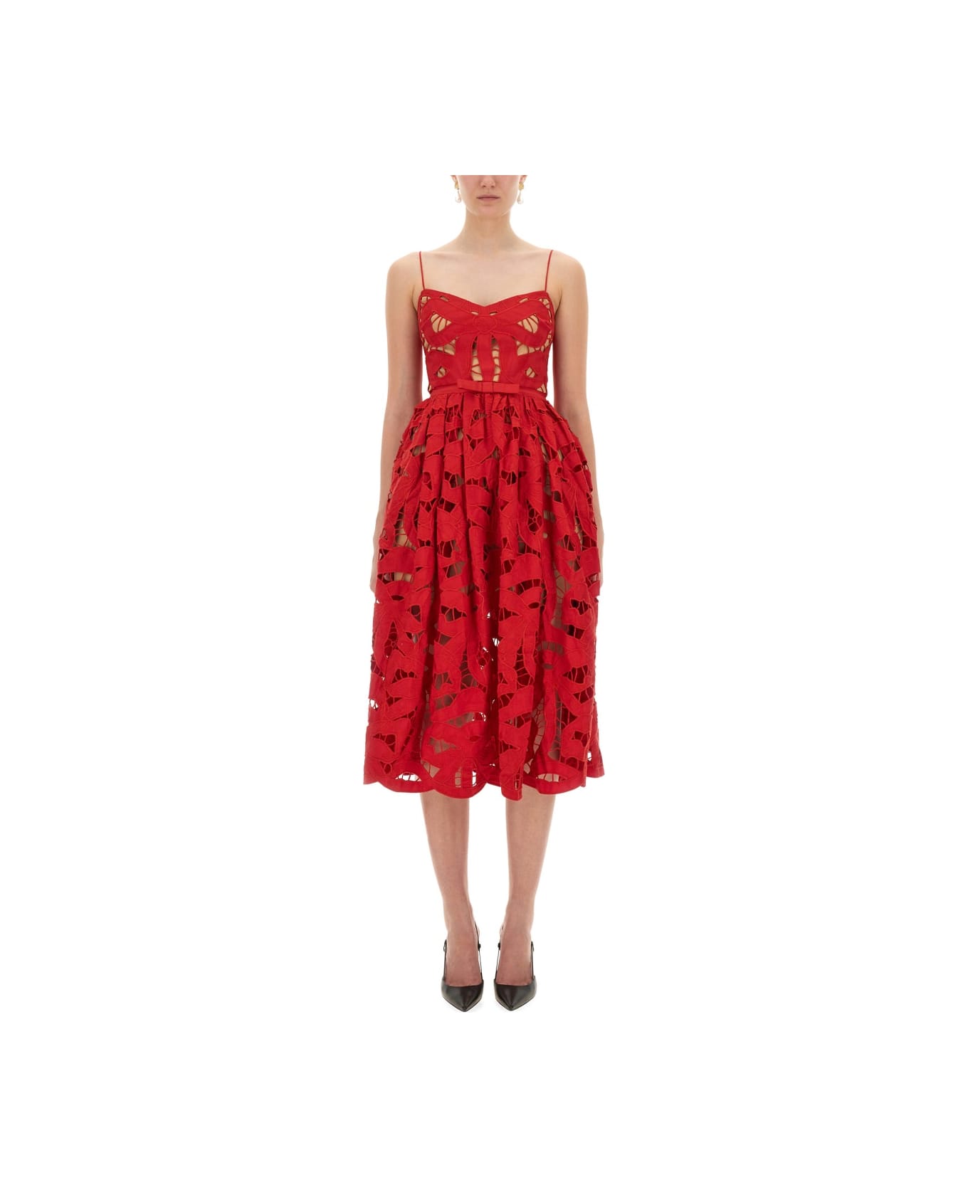 self-portrait Embroidered Midi Dress With Bow - RED
