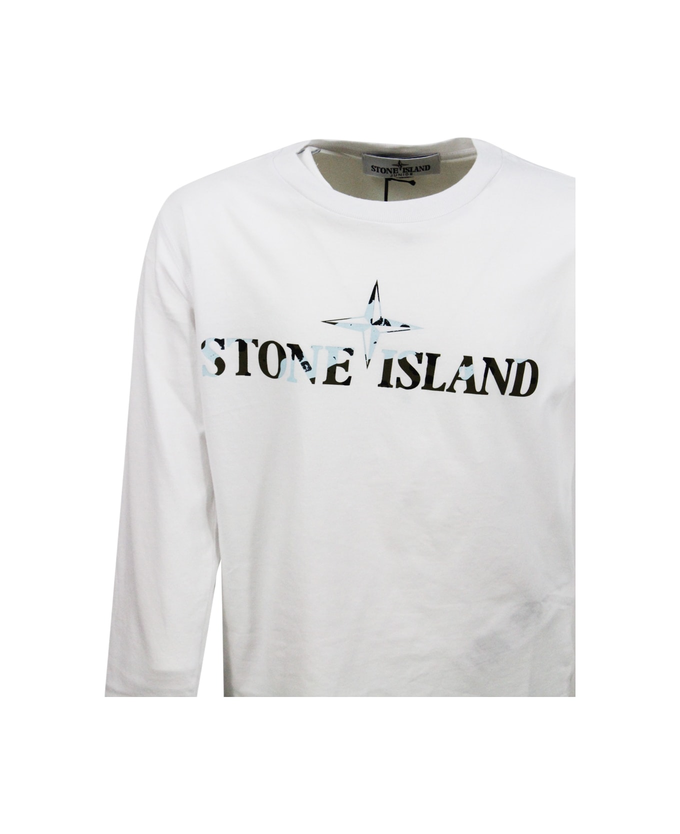 Stone Island T-shirt A Girocollo A Manica Lunga In 100% Cotone Con Logo Sul Petto - White