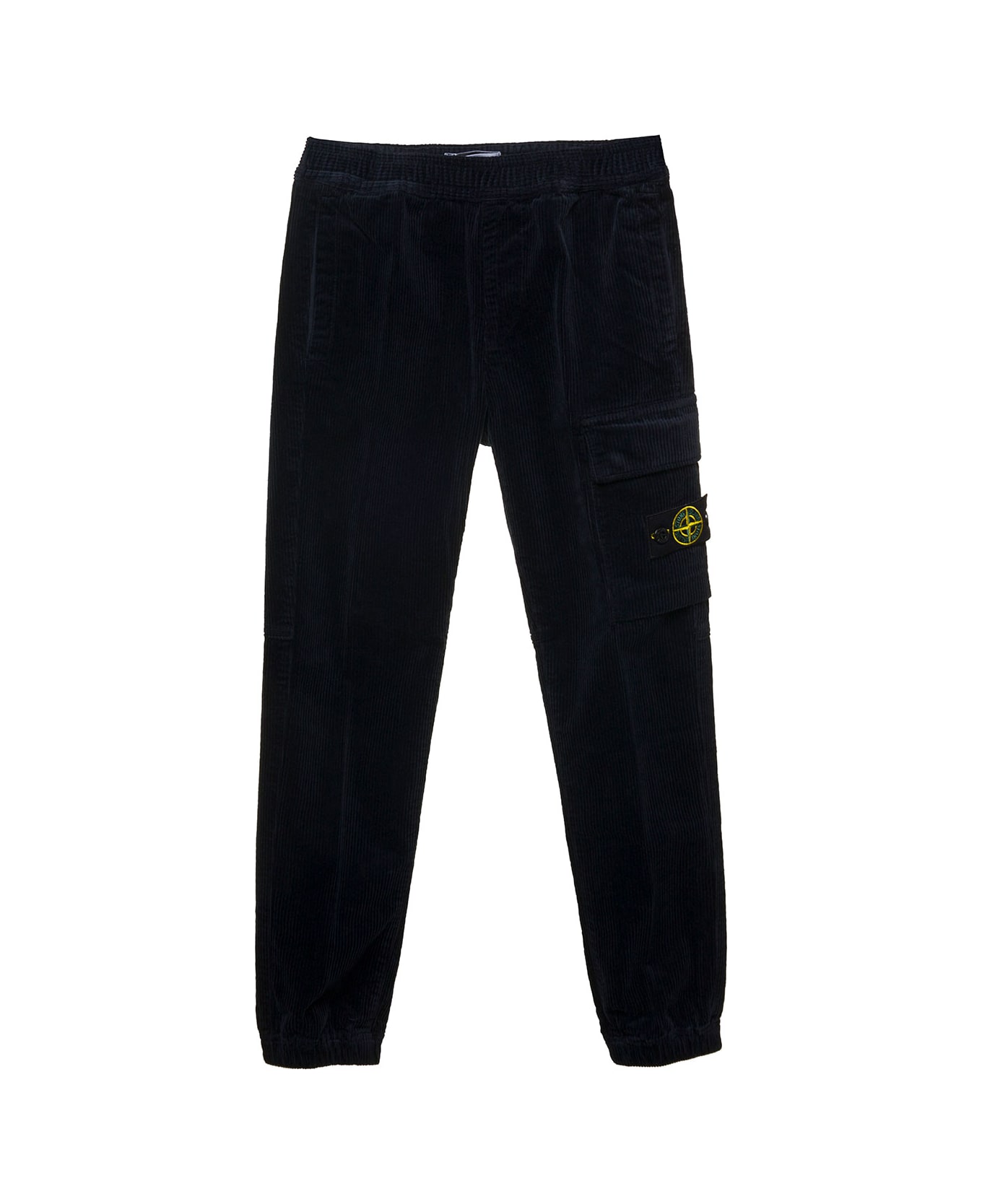 Stone Island Junior Blue Pants With Elastic Waistband And Logo Patch In Corduroy Boy - Blu