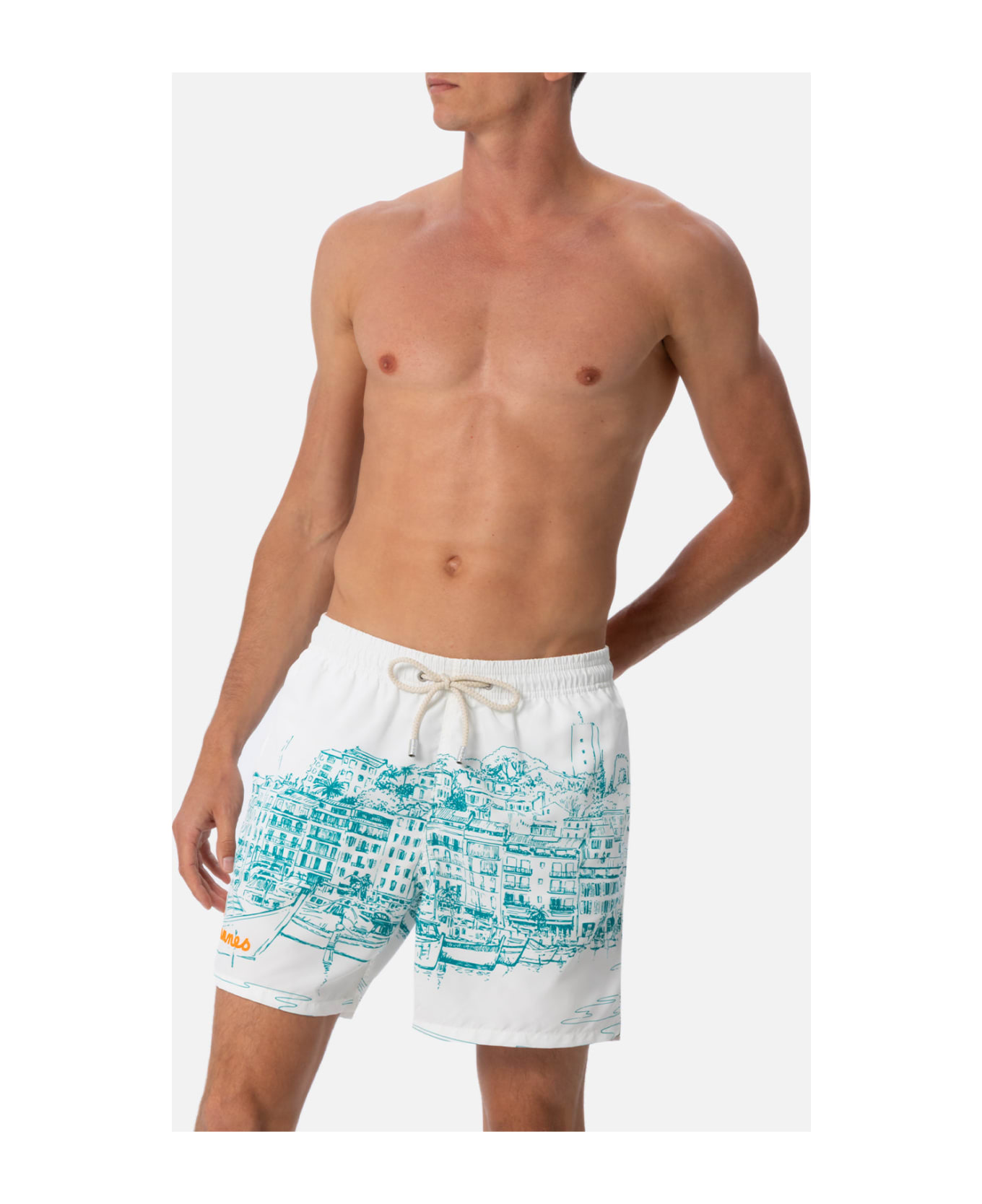MC2 Saint Barth Man Mid-length Gustavia Swim-shorts With Cannes Placed Print - WHITE