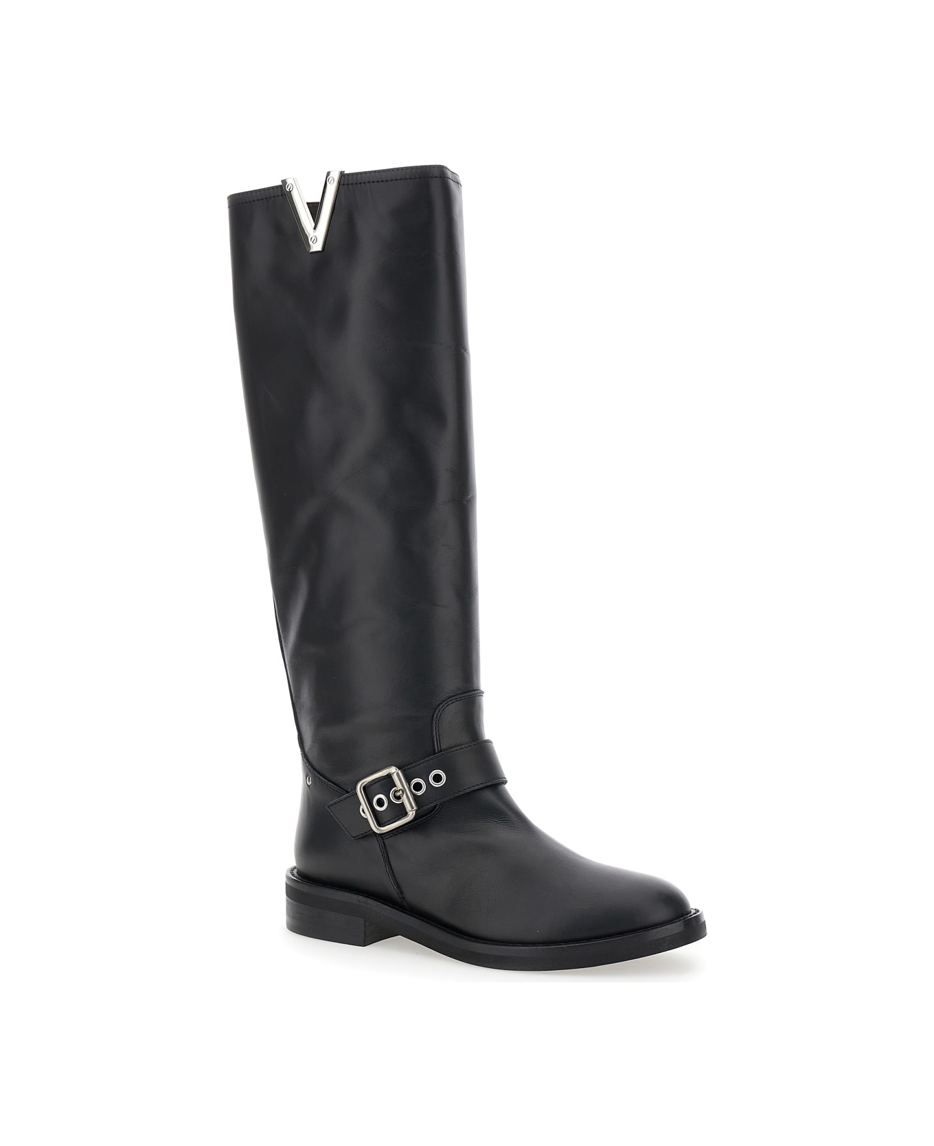 Via Roma 15 Black Knee Boots With V-lateral Detailing In Leather Woman - Black