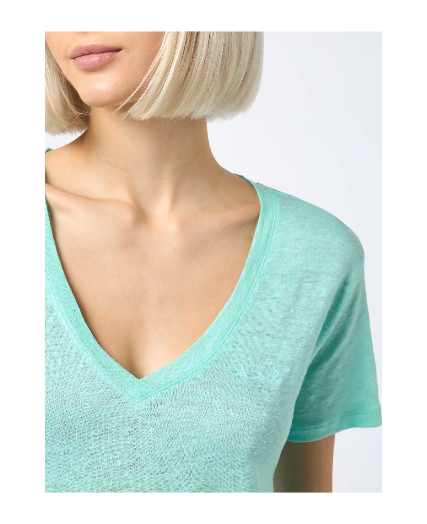 MC2 Saint Barth Woman Linen Jersey Sage Green V-neck T-shirt Eloise - GREEN