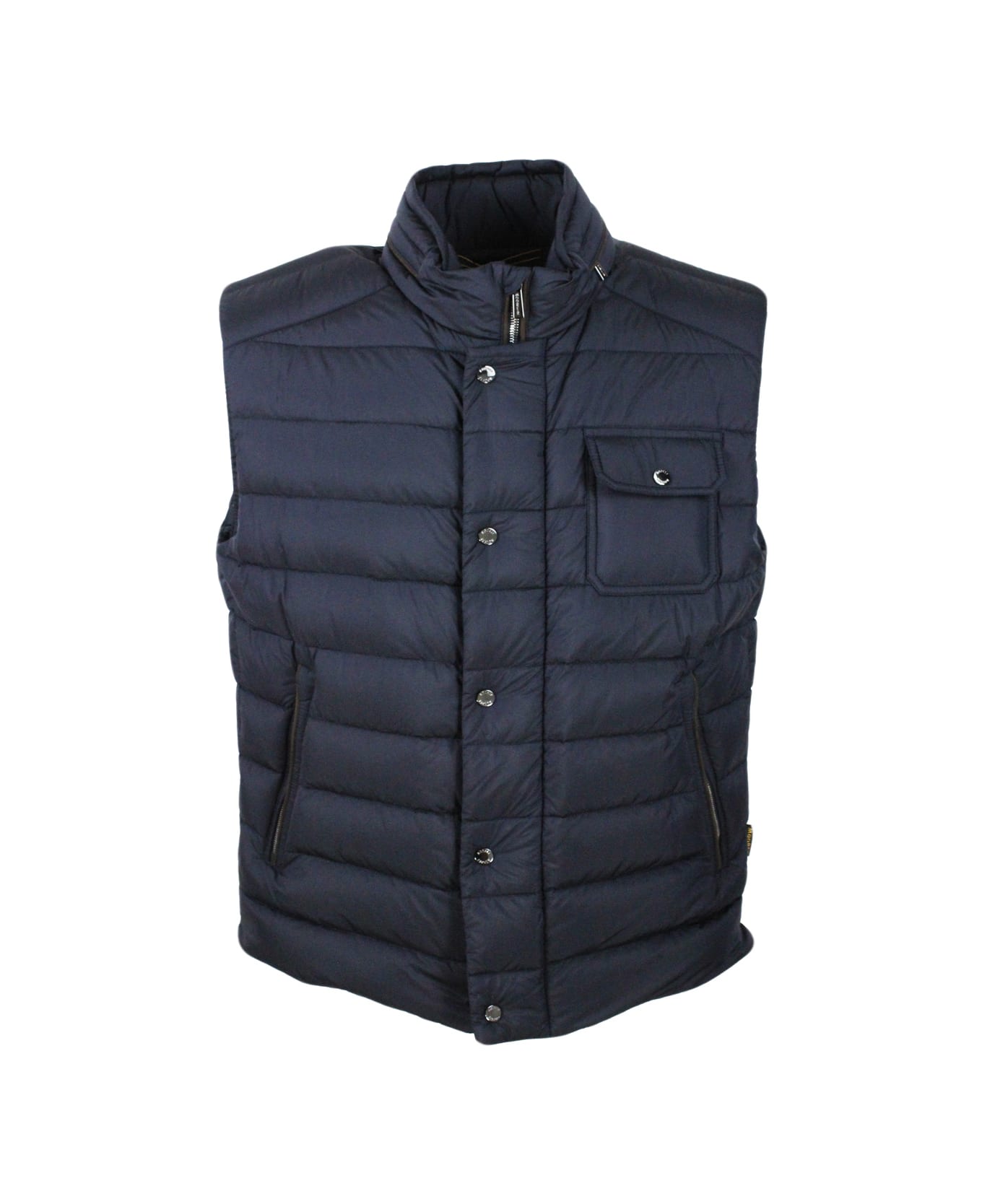 Moorer Sleeveless Vest Padded With Real Goose Down With Concealed Hood And Front Zip And Button Closure - Blu