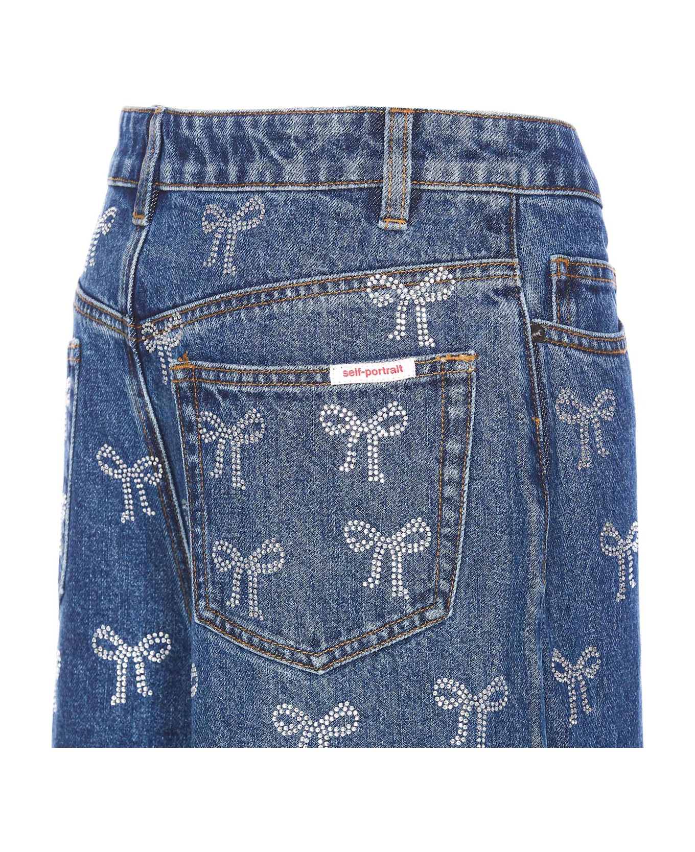 self-portrait Rhinestone Bow Denim Jeans - Blue