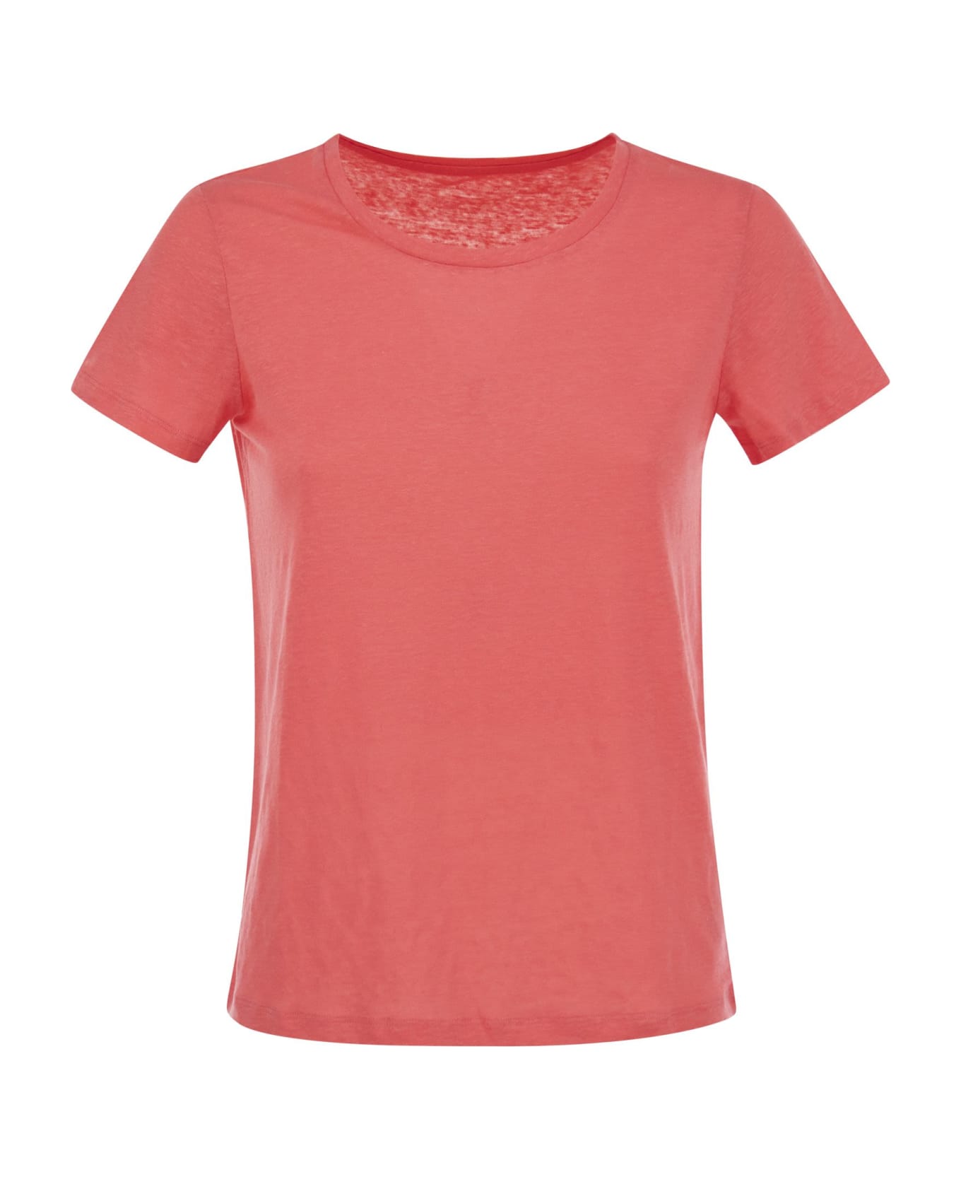 Majestic Filatures Crew-neck T-shirt In Linen And Short Sleeve - Coral