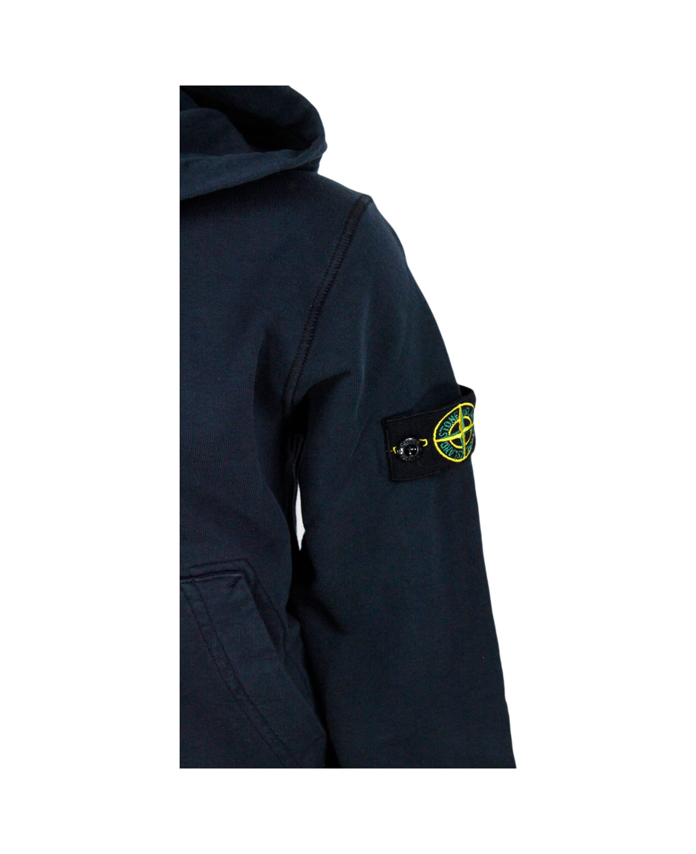 Stone Island Junior Cotton Sweatshirt With Hood And Zip Closure. Kangaroo Pockets And Logo On The Sleeve - Blu