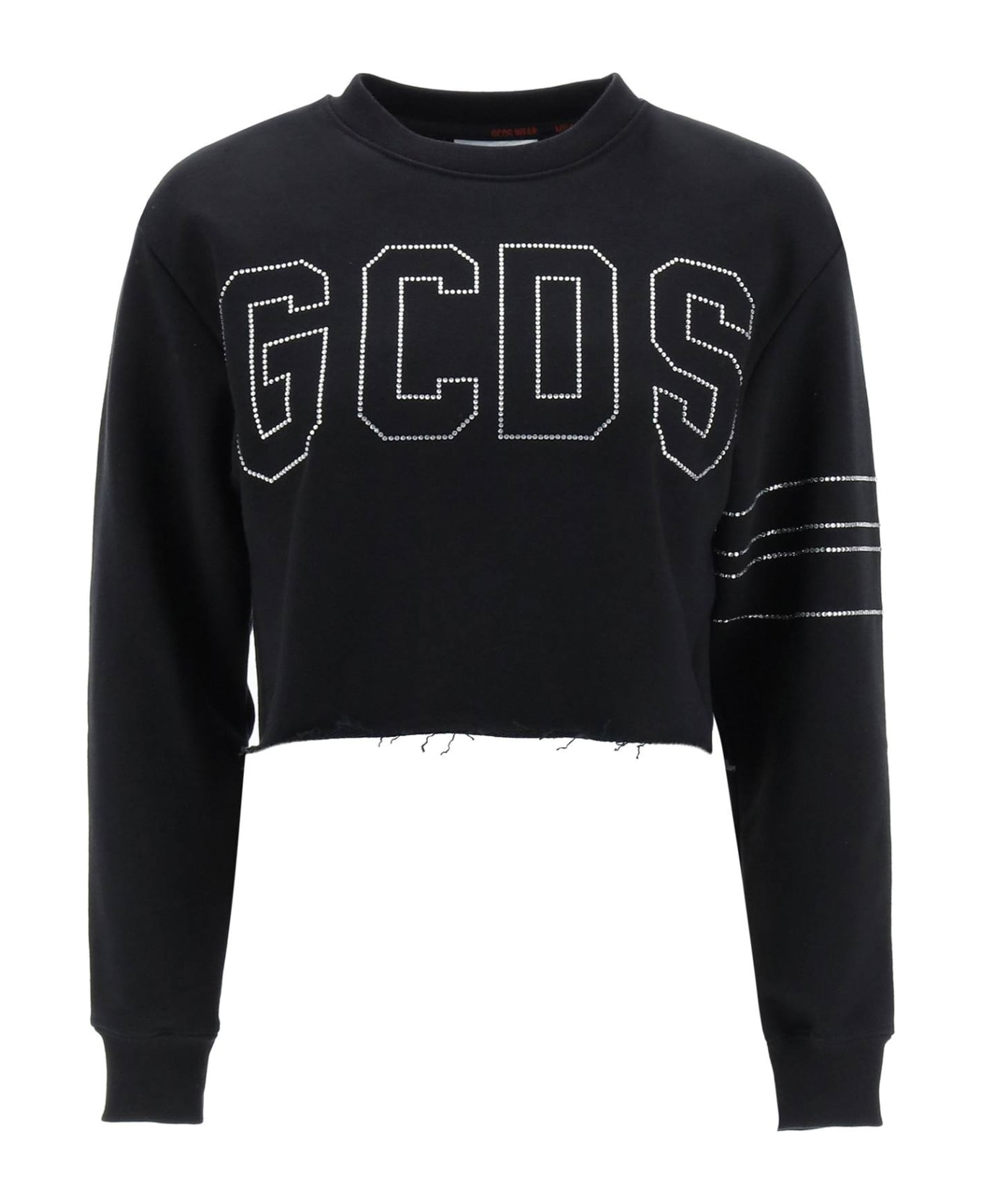 GCDS Cropped Sweatshirt With Rhinestone Logo - BLACK (Black) フリース