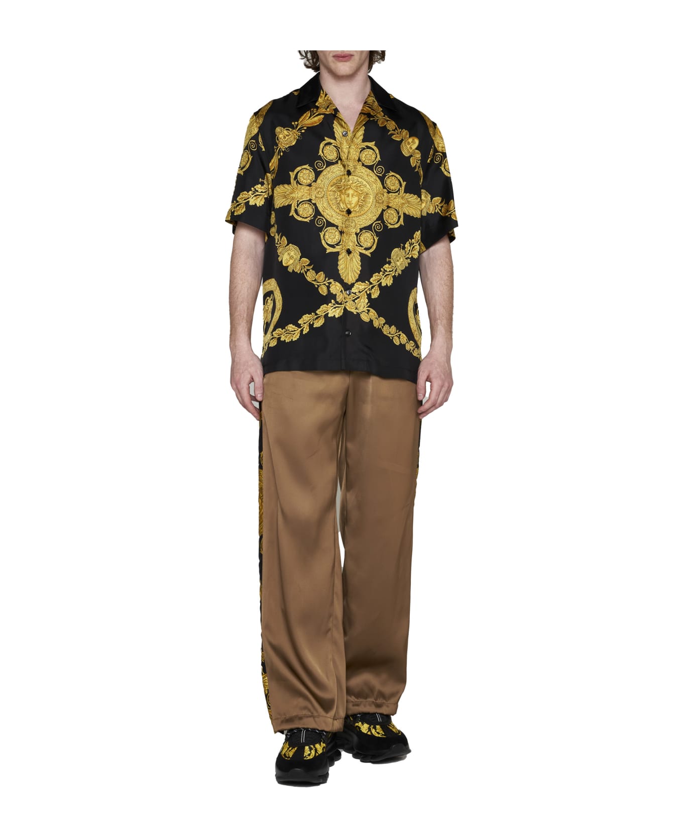 Versace Camel Trousers With Baroque Bands - Brown