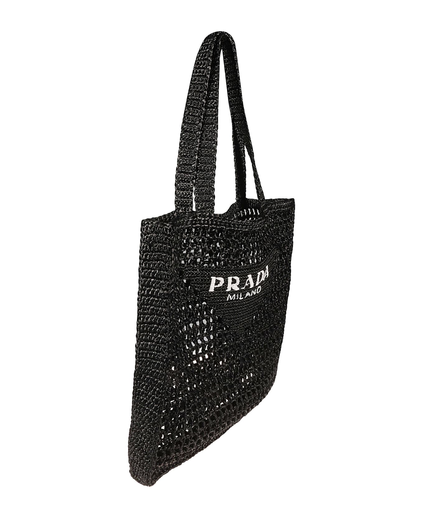 Prada Logo Detail Raffia Shopper Bag - Nero