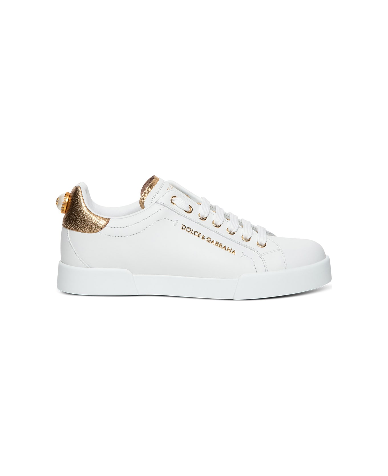 Dolce & Gabbana Leather Sneakers With Gold Colored Details - White
