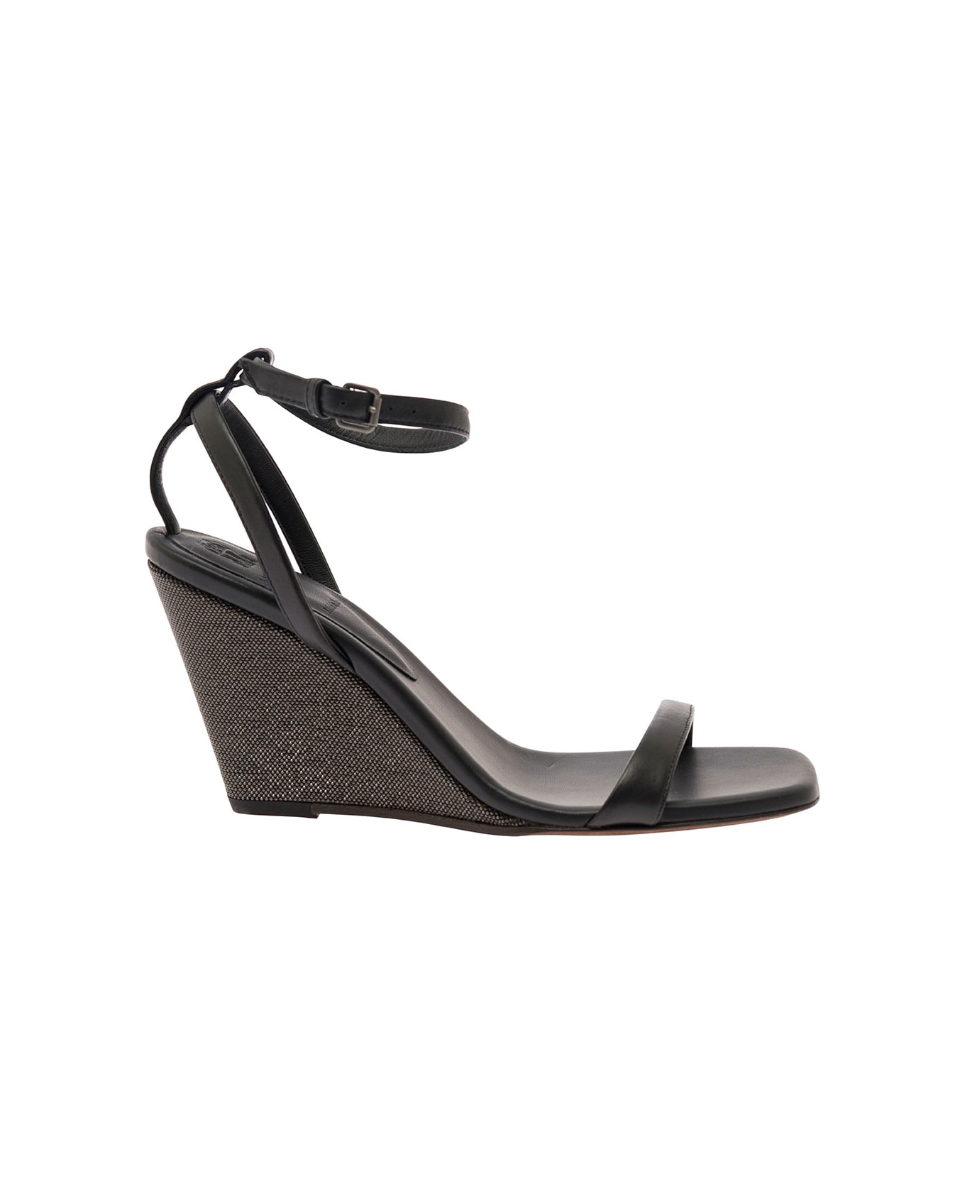Brunello Cucinelli Black Wedge Sandals With Monile Detail In Leather Woman - Black サンダル