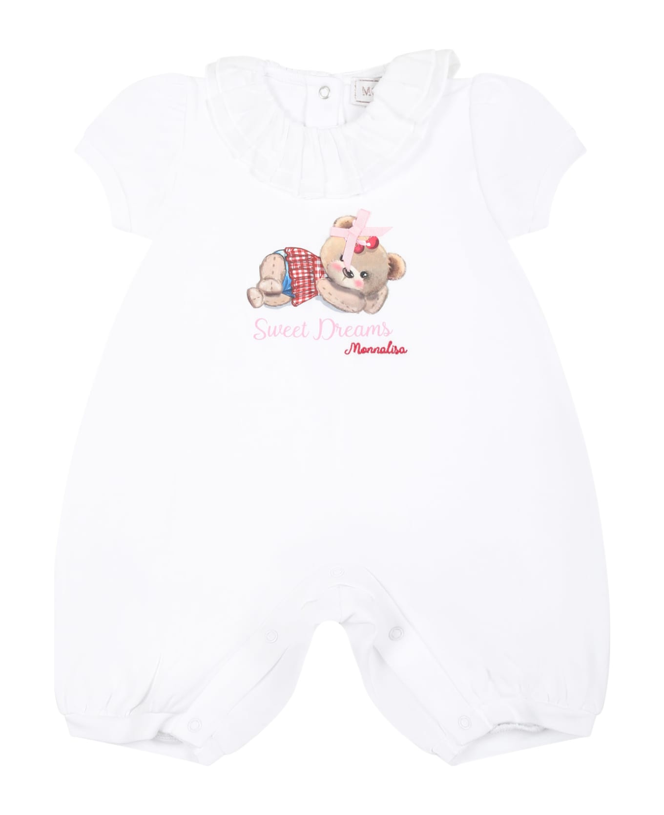 Monnalisa White Romper For Baby Girl With Bear Print - White ボディスーツ＆セットアップ