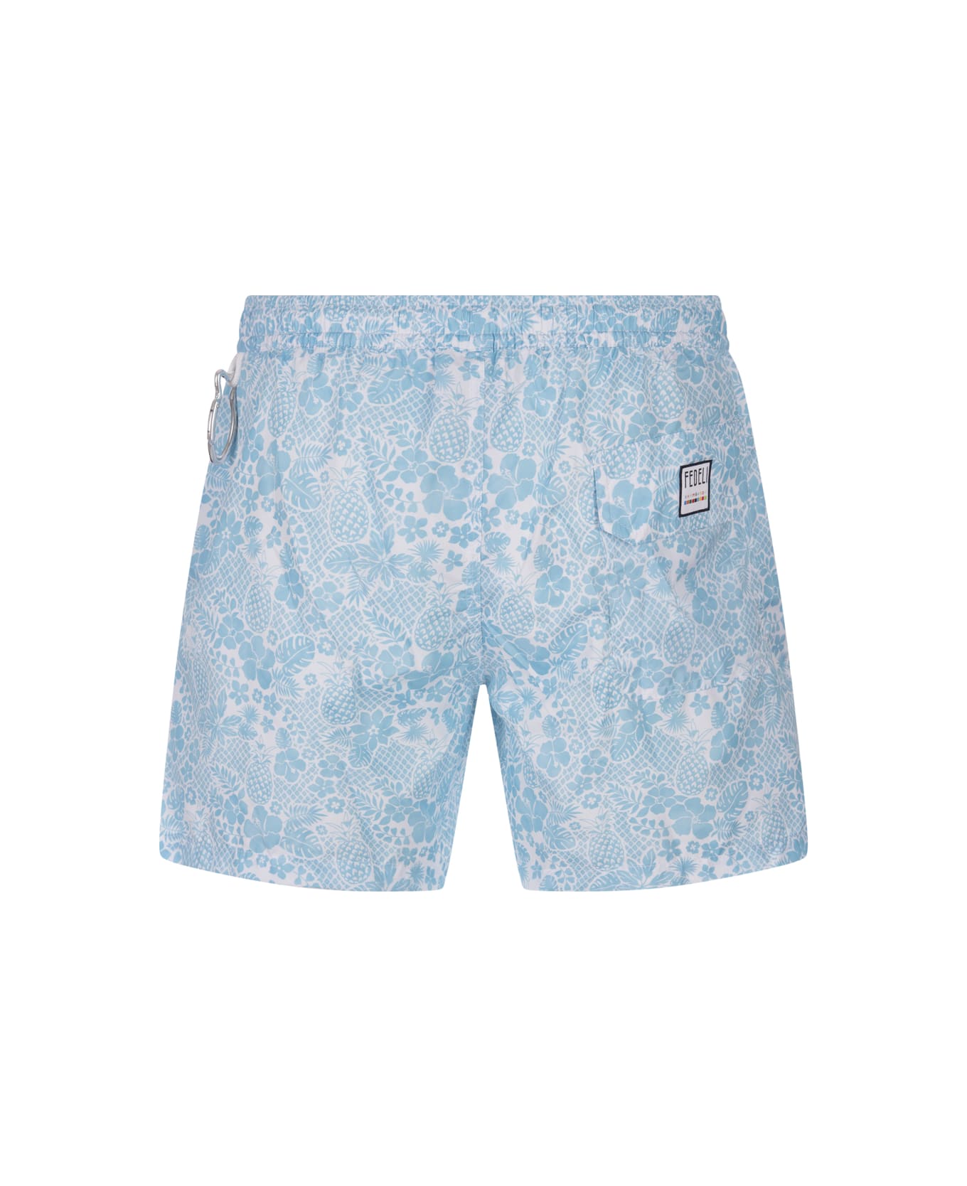 Fedeli Light Blue Swim Shorts With Tropical Pattern - Blue
