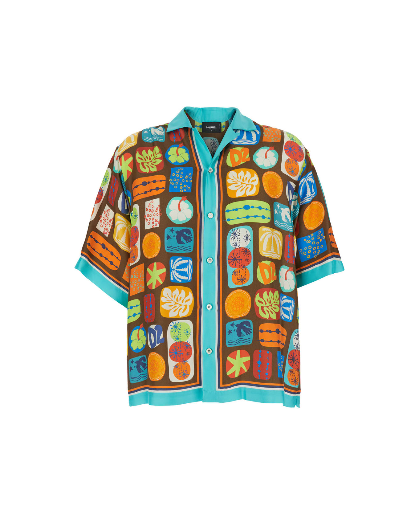Dsquared2 Multicolor Shirt With Cuban Collar And All-over Printed Motif In Silk Man - Multicolor