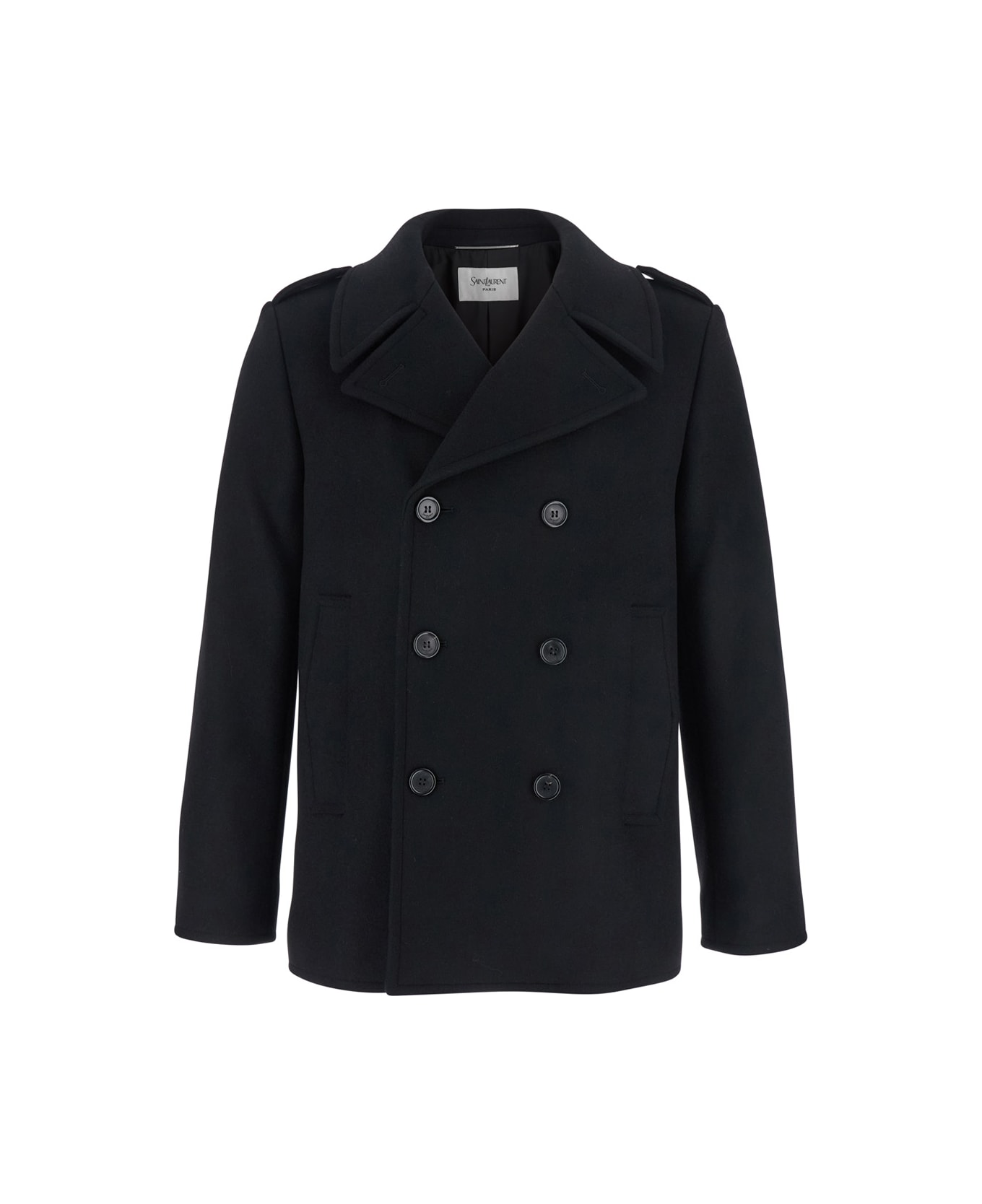 Saint Laurent Black Double-breasted Coat With Wide Notched Revers In Wool Man - BLACK