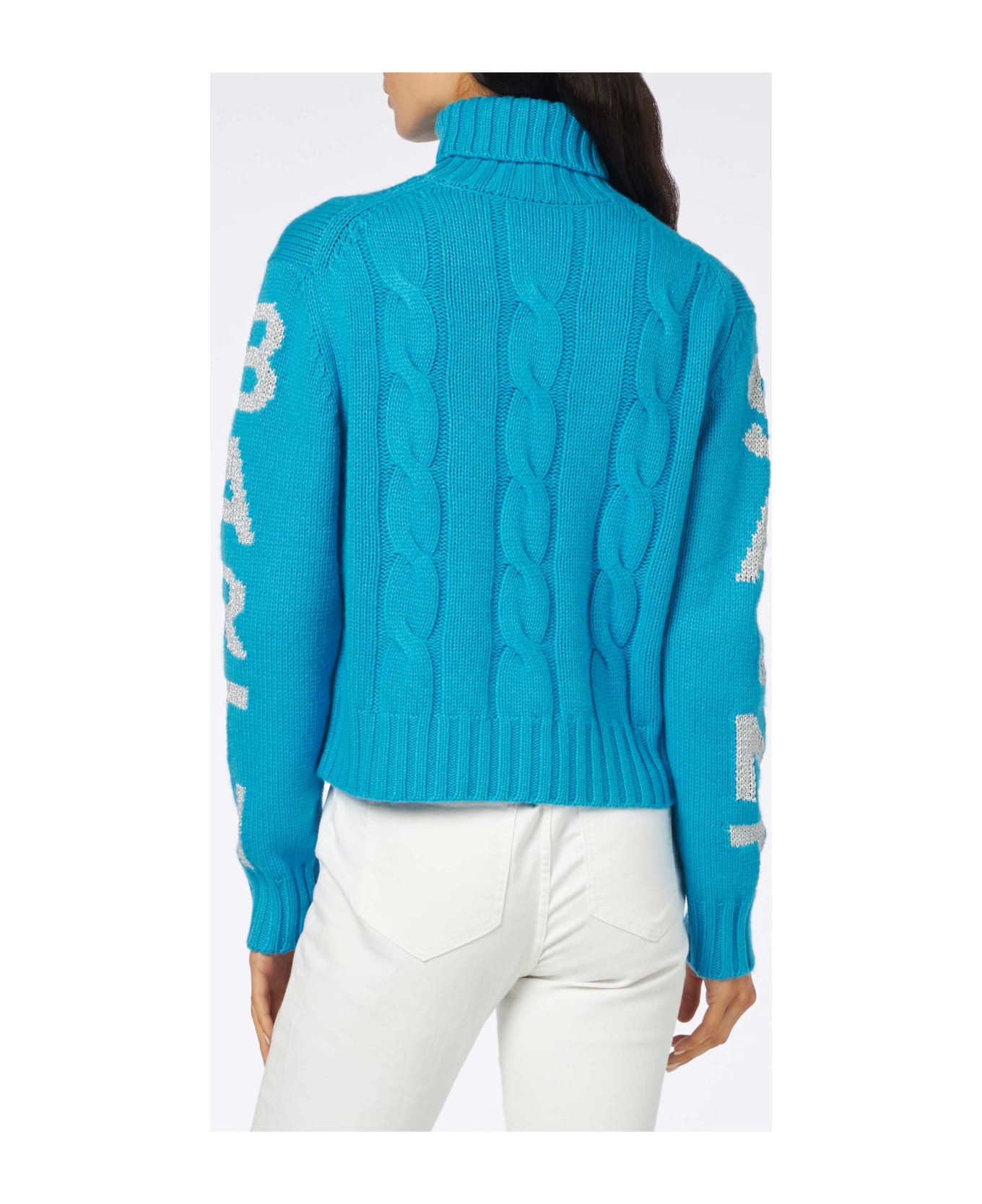 MC2 Saint Barth Woman Turtleneck Braided Sweater With Saint Barth Jacquard - SKY