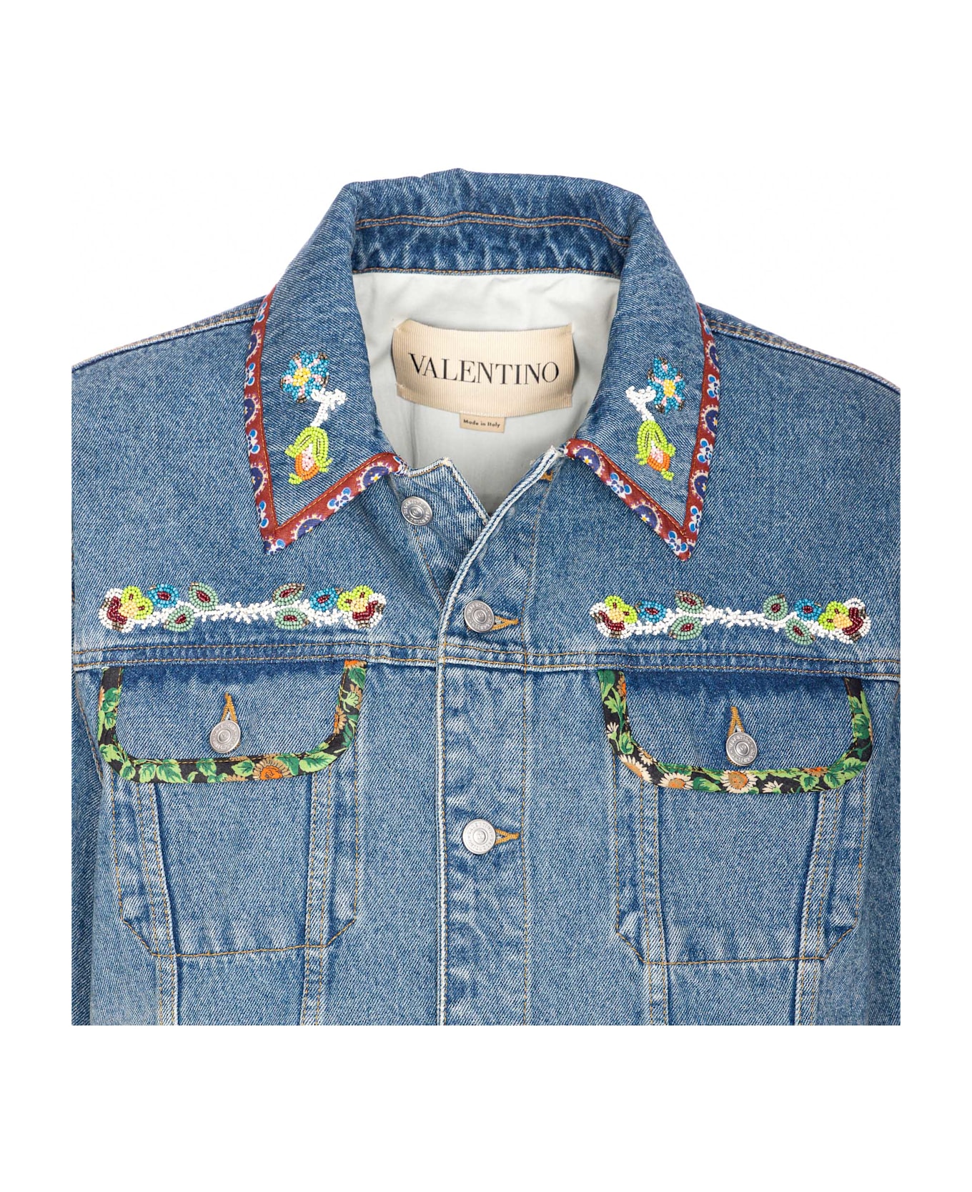 Valentino Garavani Beaded Embroidery And Printed Edges Denim Jacket - Blue