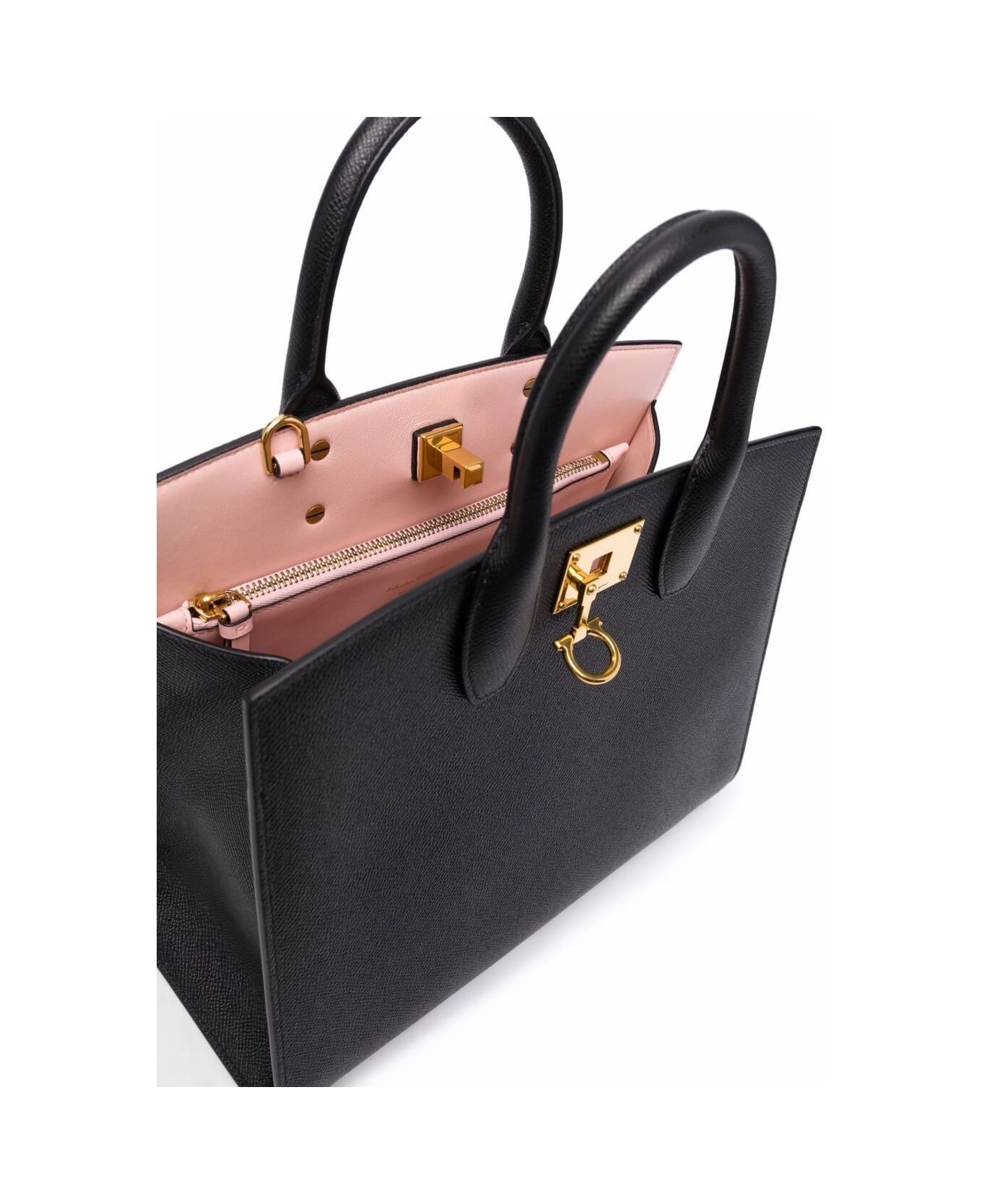 Ferragamo 'studio Box' Black Bag With Gancini Buckle And Shoulder Strap In Grained Leather Woman