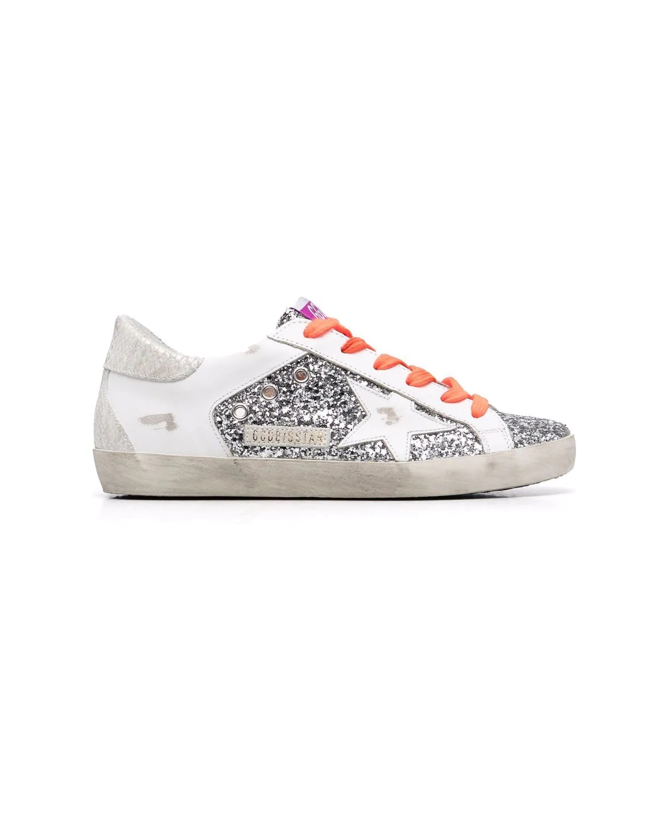 Golden Goose Woman White Leather And Silver Glitter Super-star Sneakers With Fluo Orange Laces - Bianco/multicolor