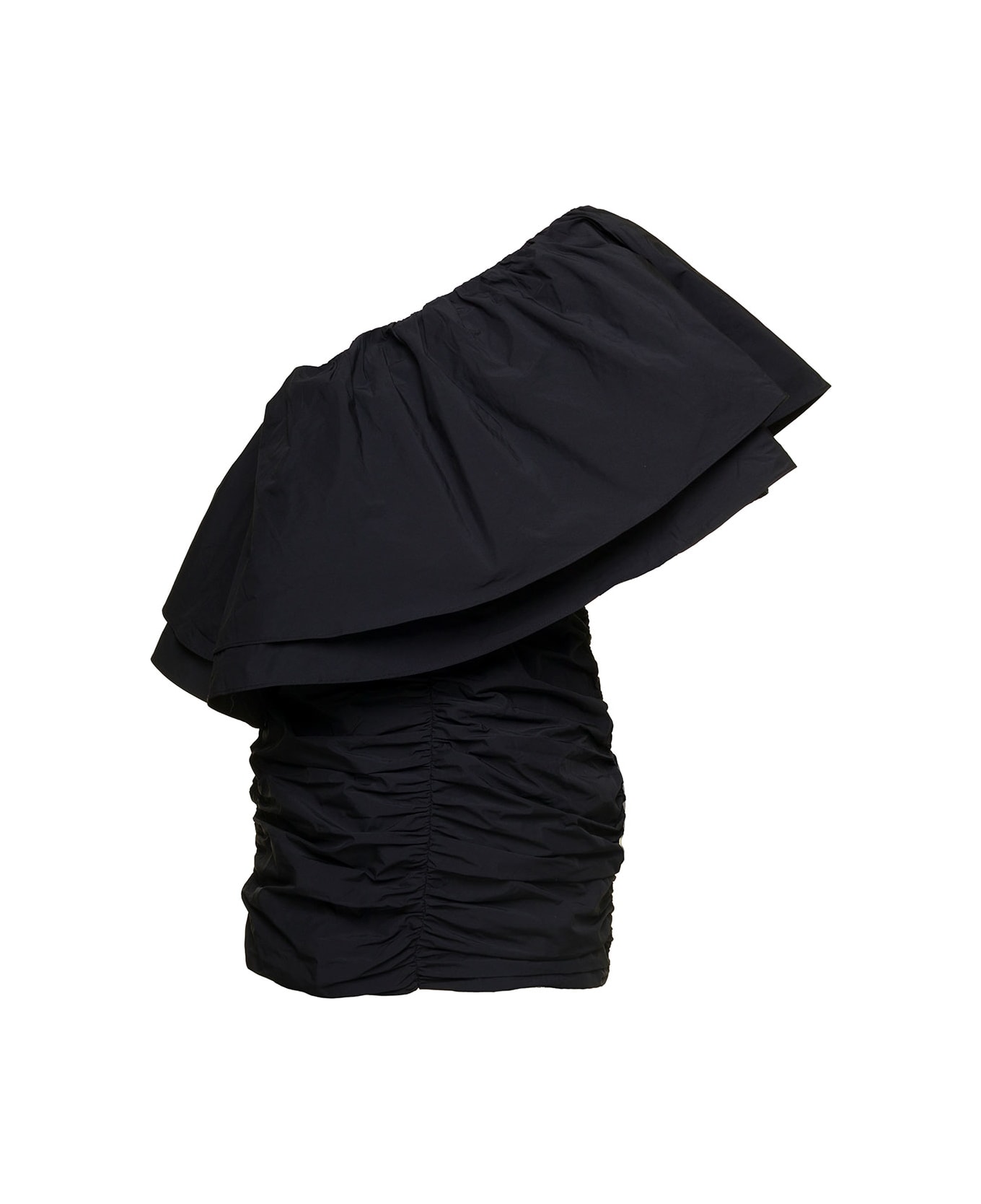 Rotate by Birger Christensen Mini Black One-shoulder Pleated Dress With Oversized Volant In Taft Woman Rotate - Black