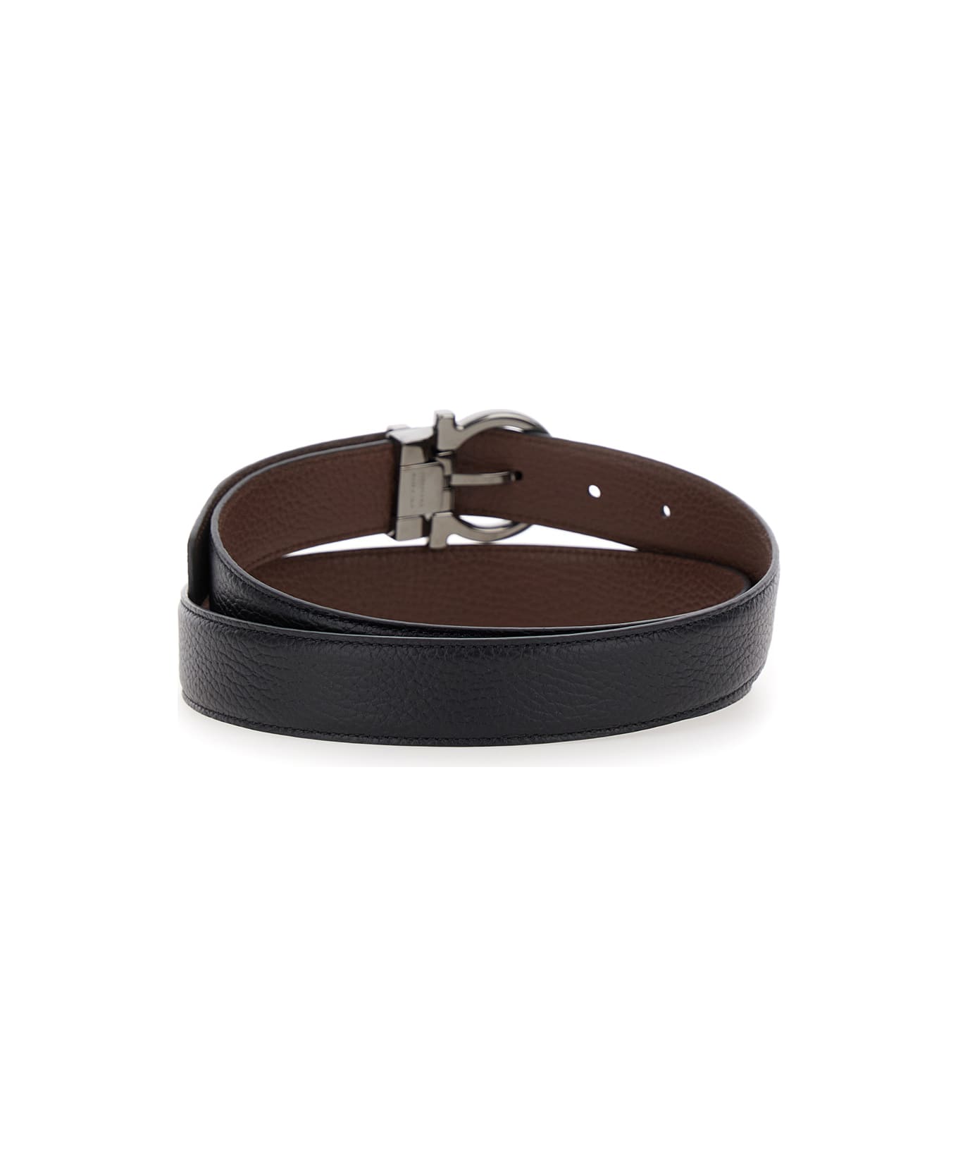 Ferragamo Black Belt With Gancini Buckle In Hammered Leather Man - Black