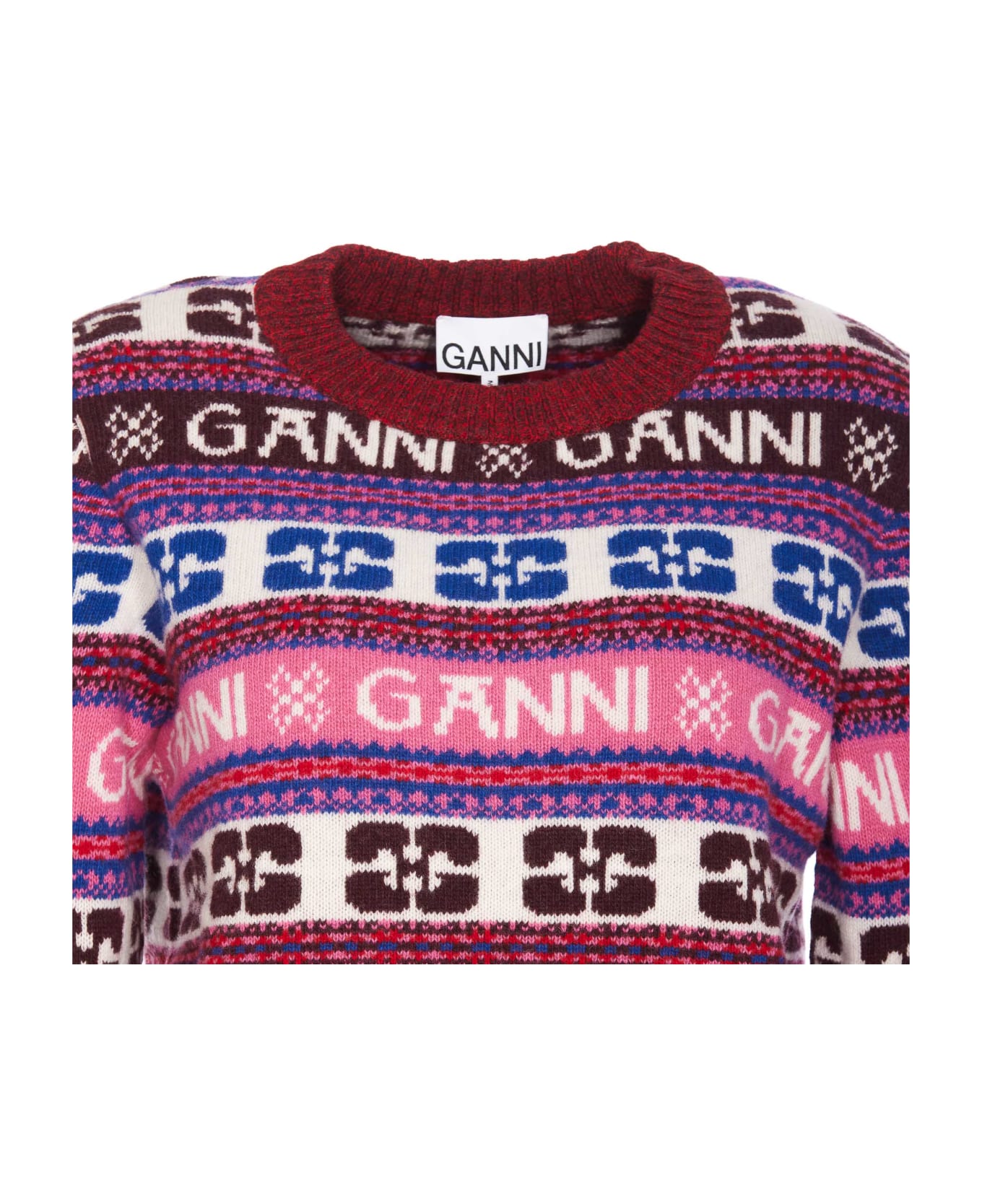 Ganni Pink Logo Wool Mix Sweater - Rosa