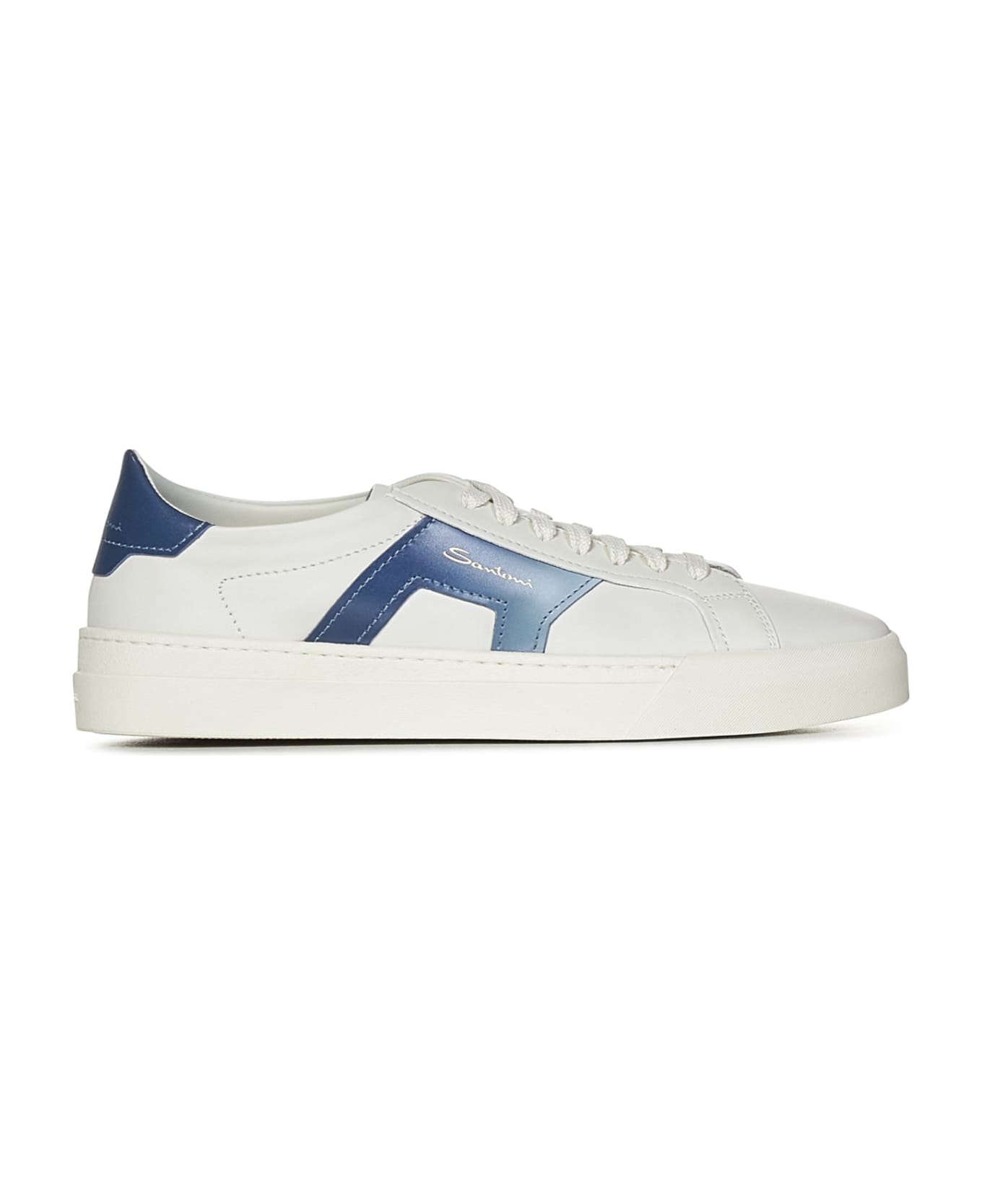 Santoni White And Blue Leather Buckle Sneakers - Blue