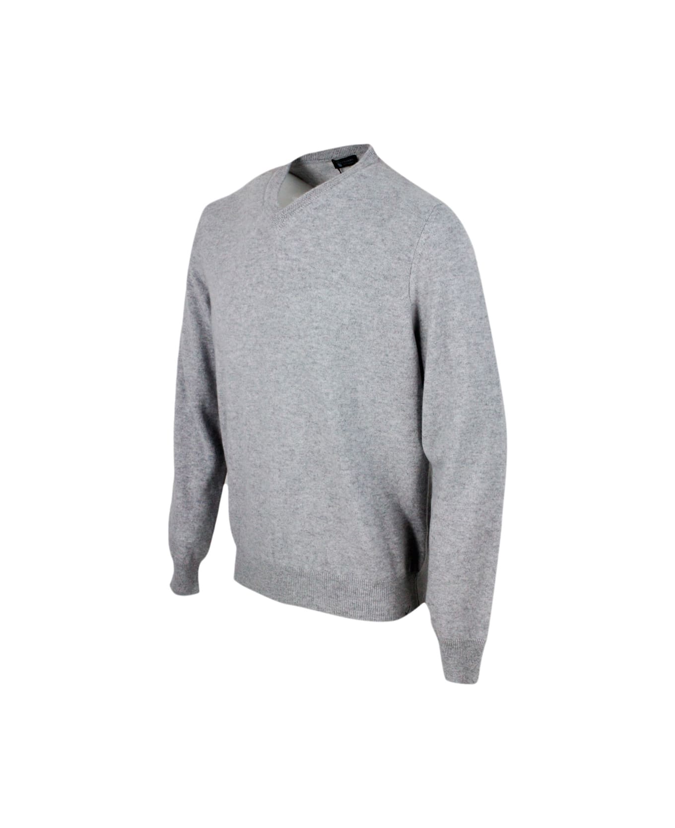 Colombo Long-sleeved V-neck Sweater In Fine 2-ply 100% Kid Cashmere With Special Processing On The Edge Of The Neck - Grey ニットウェア
