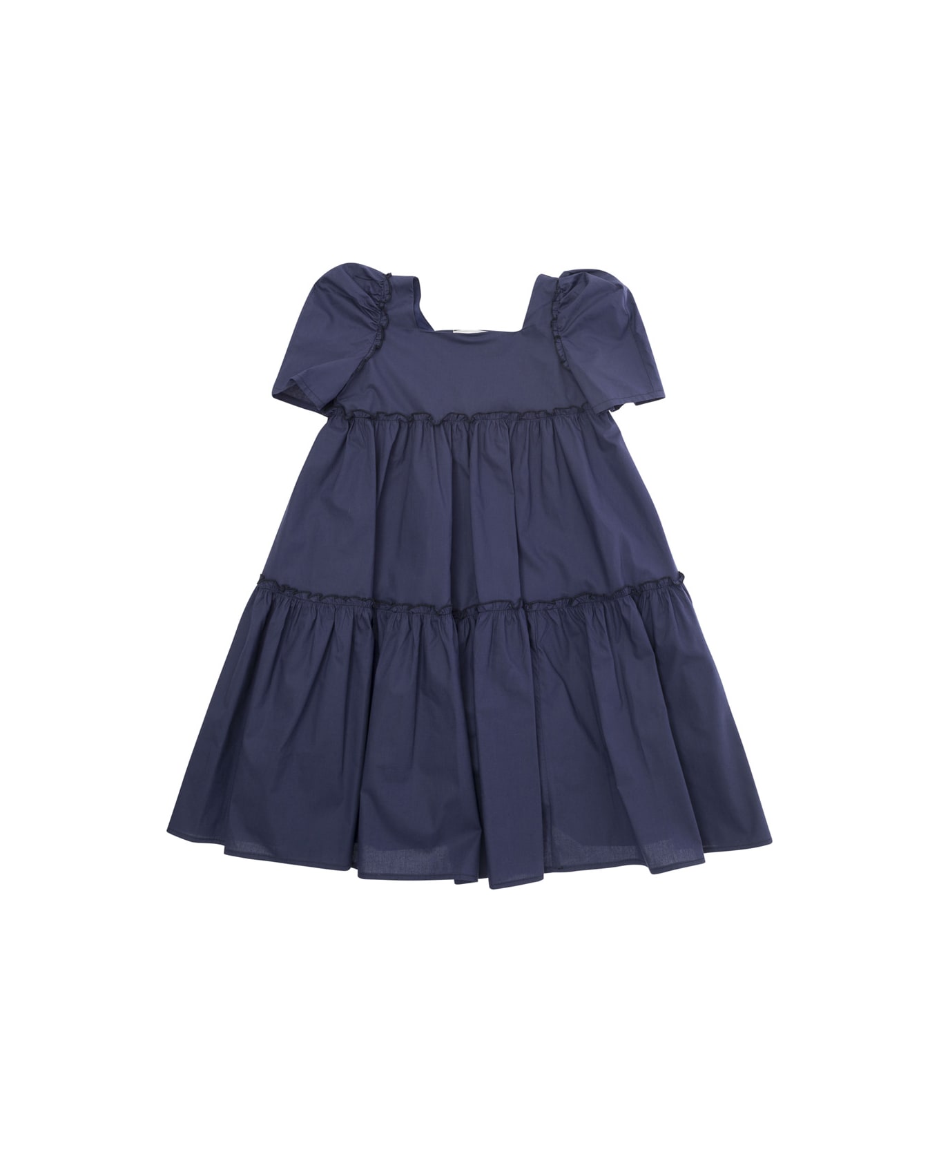 Monnalisa Blue Flounced Dress In Cotton Girl - Blu ワンピース＆ドレス