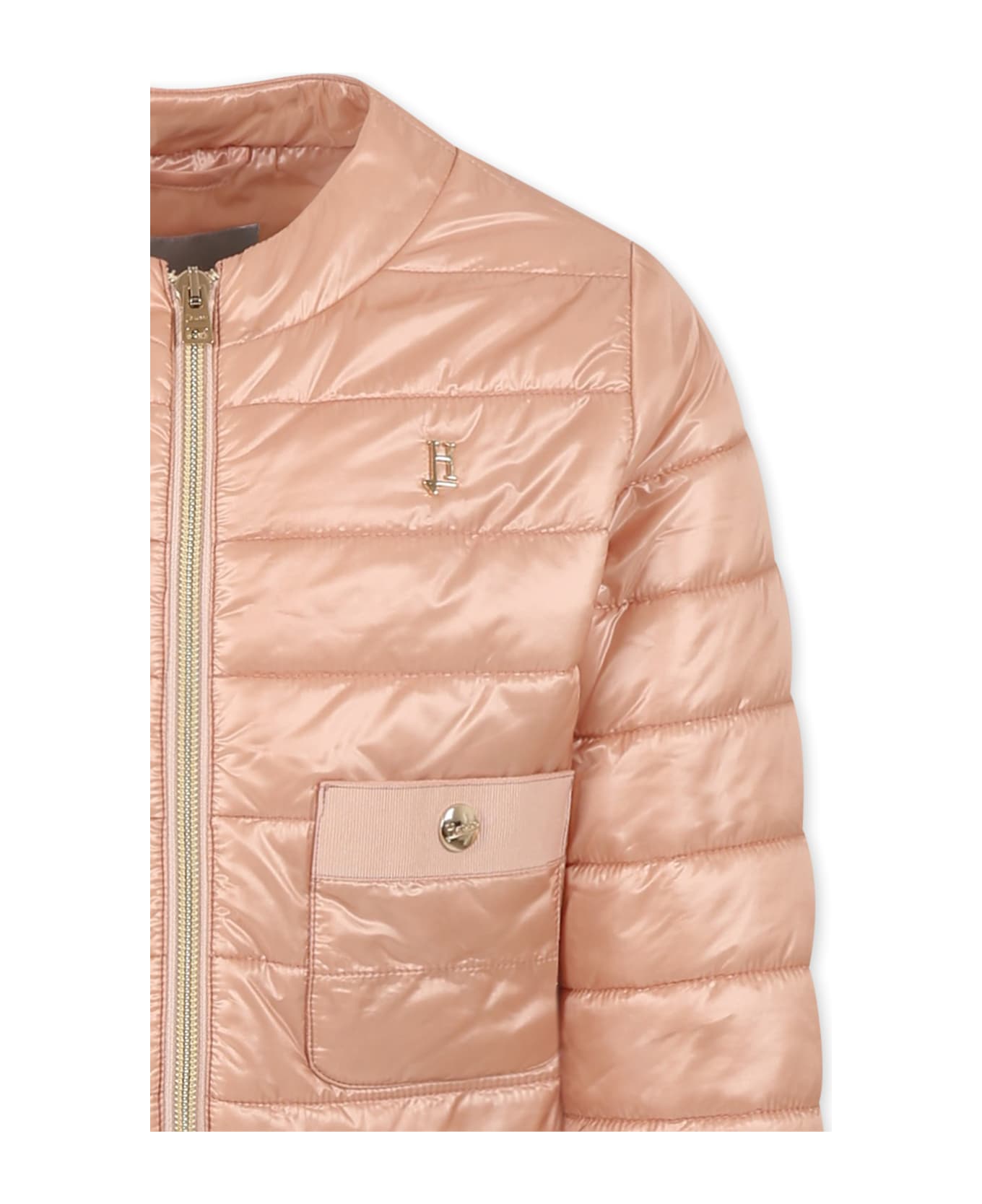 Herno Pink Crop Down Jacket For Girl With Logo - Pink