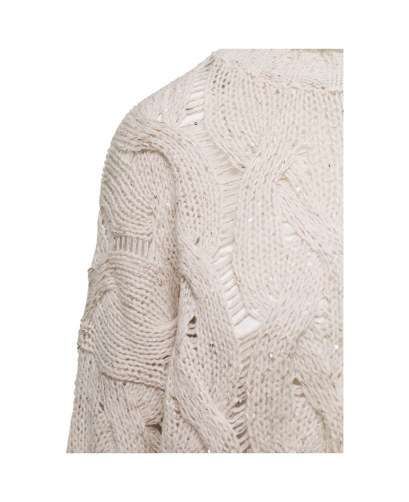 Antonelli 'cremona' Off-white Cable-knit Crewneck Sweater With Micro Paillettes In Wool Blend Woman - Beige