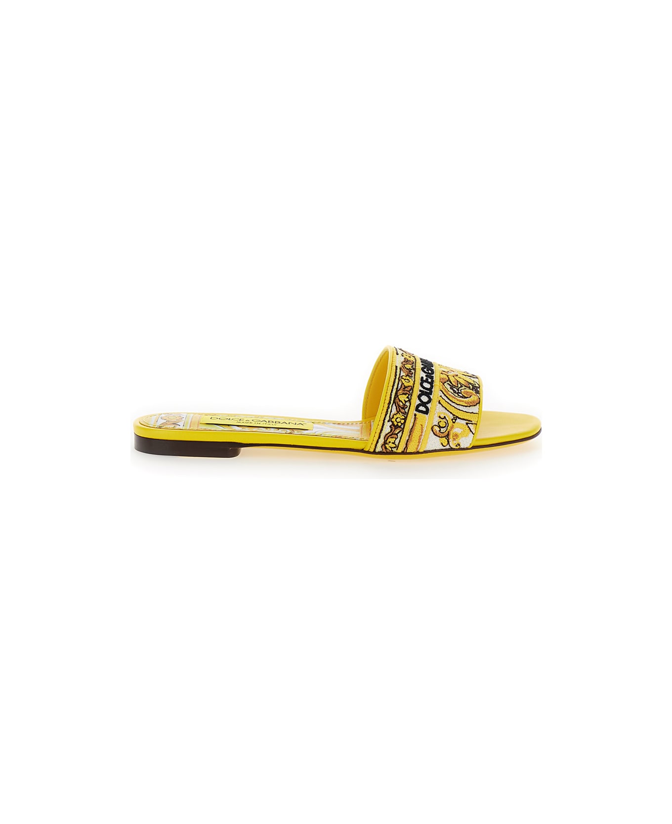 Dolce & Gabbana Yellow Sliders With Embroidered Majolica Pattern In Cotton And Leather Woman - MultiColour