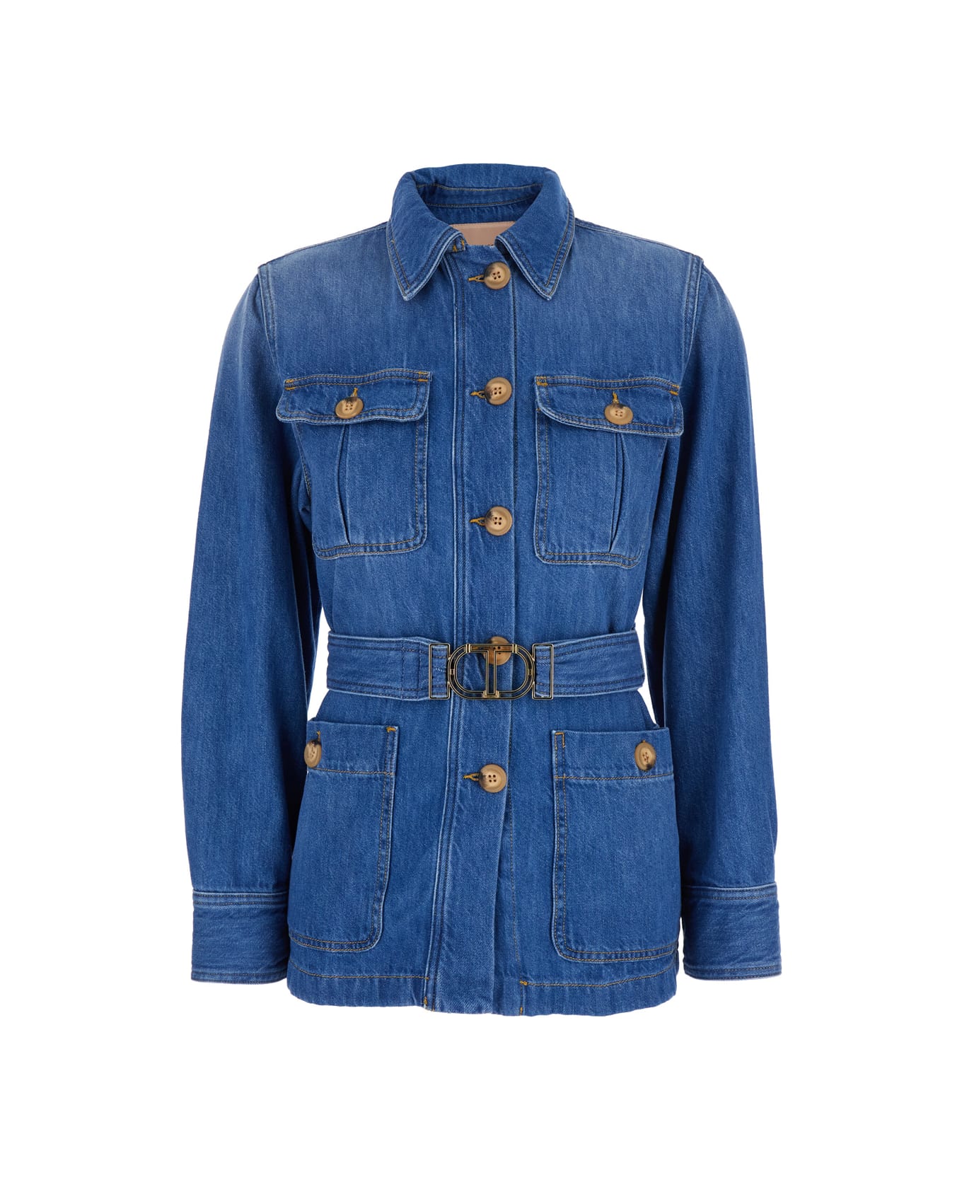 TwinSet Blue Jacket With Patch Pockets And Adjustable And Removable Waist Belt In Denim Woman - Blu
