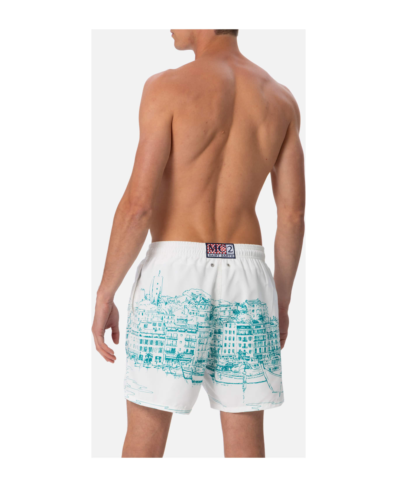 MC2 Saint Barth Man Mid-length Gustavia Swim-shorts With Cannes Placed Print - WHITE