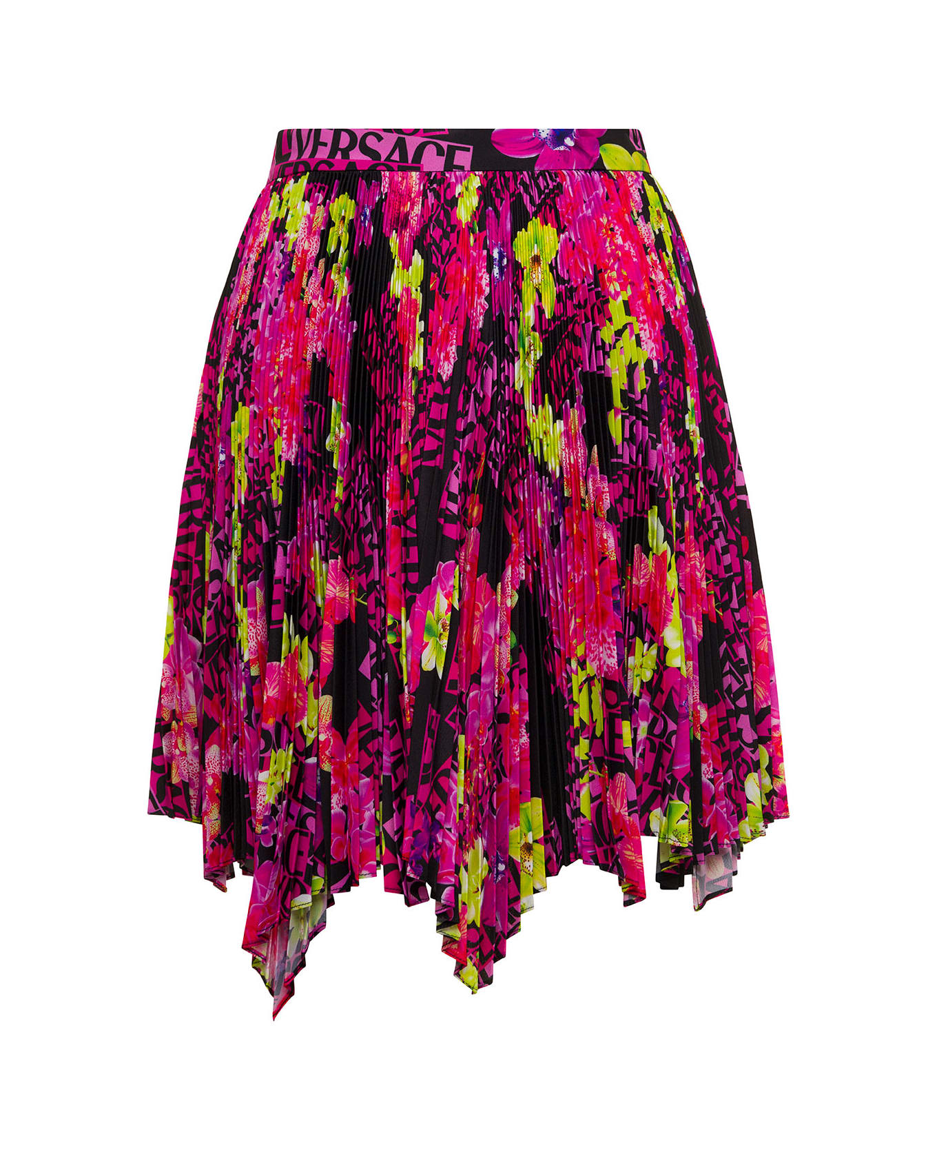 Versace Multicolor Asymmetric Pleated Mini-skirt With Logo Orchid Print In Polyester Woman - Multicolor