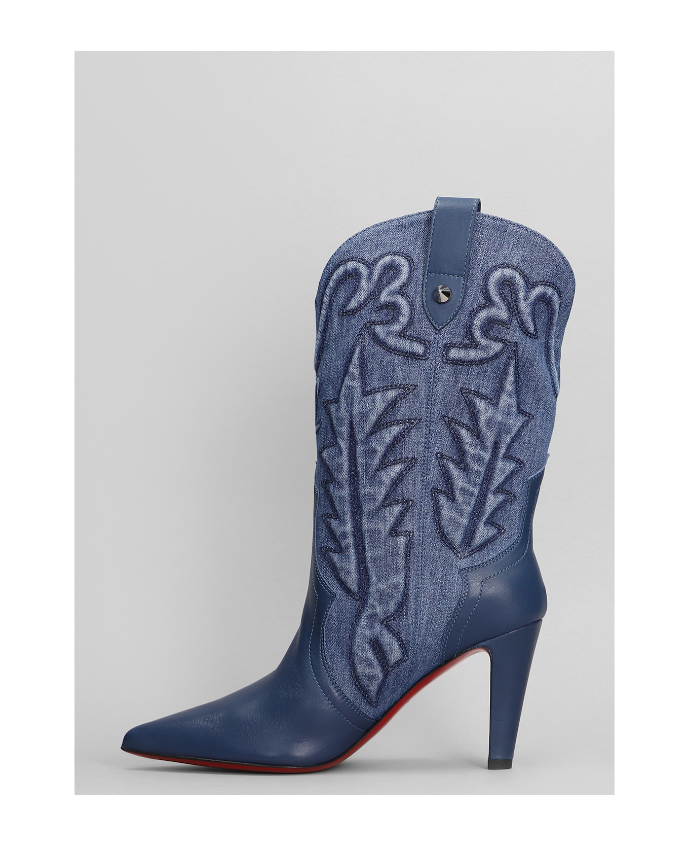 Christian Louboutin Santiabooty 85 Texan Ankle Boots In Blue Leather And Fabric - blue