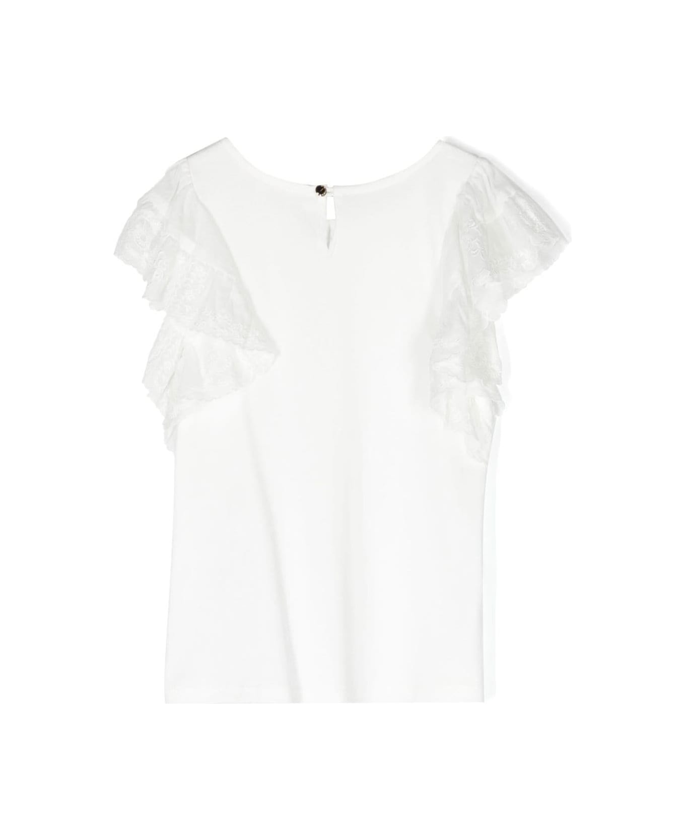 Chloé White Crewneck Top With Lace Ruched Detailing In Cotton Girl - White