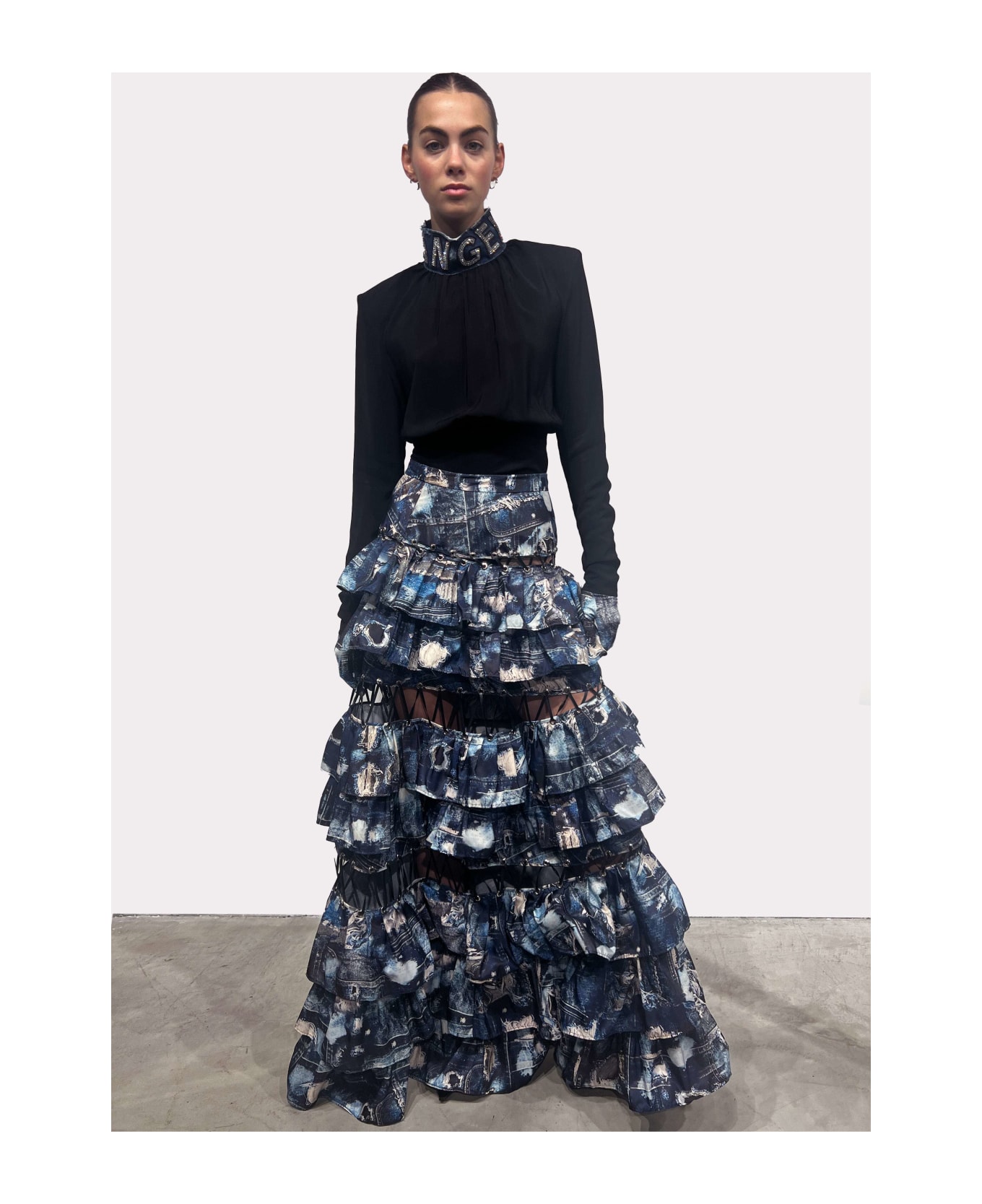 John Richmond Long Skirt With Flounces And Iconic Runway Denim-effect Pattern - Fantasia スカート