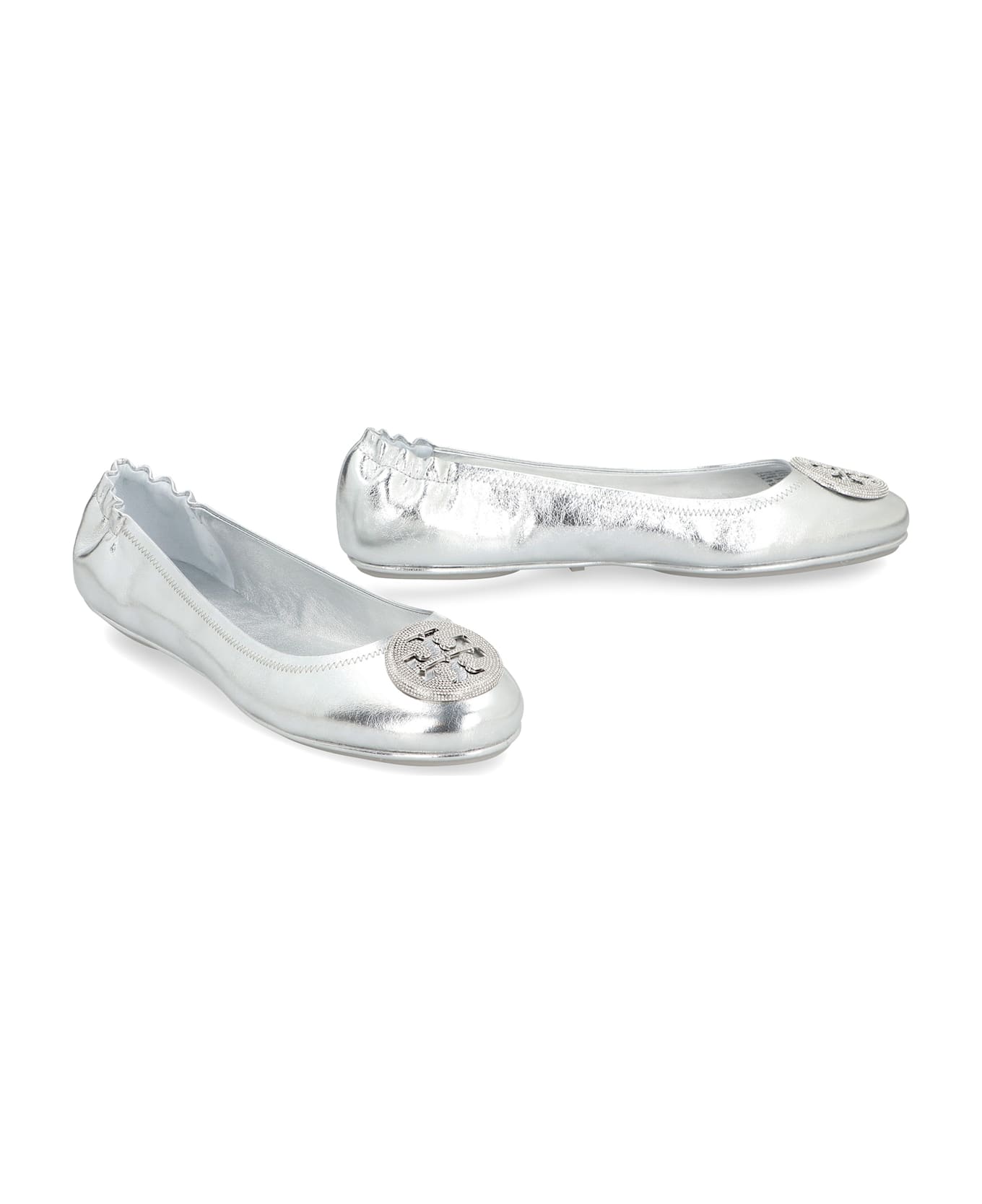 Tory Burch Minnie Travel Metallic Leather Ballet Flats - silver