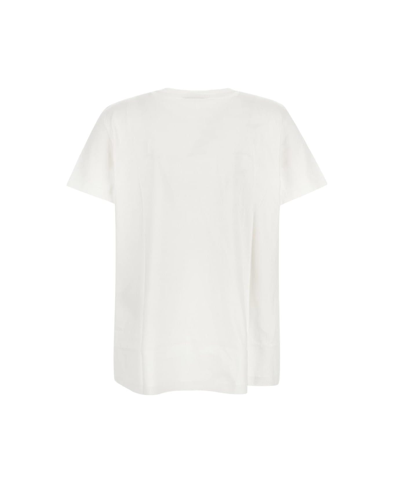 Max Mara Crew Neck T-shirt With Embroidered Design And Logo In Cotton - White